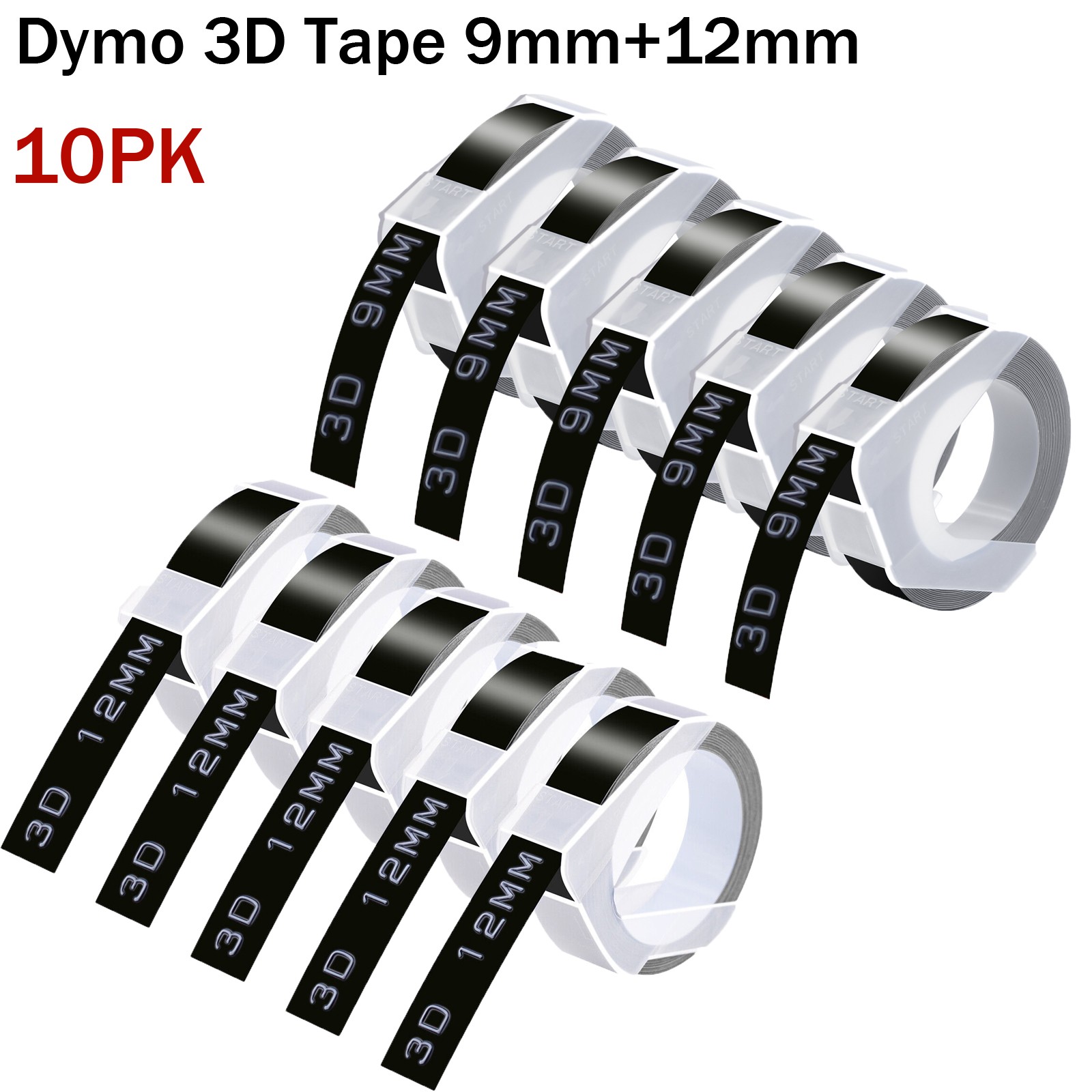 10PK For DYMO 3D Embossing Label Tape Organizer Xpress White on Black 12mm+9mm