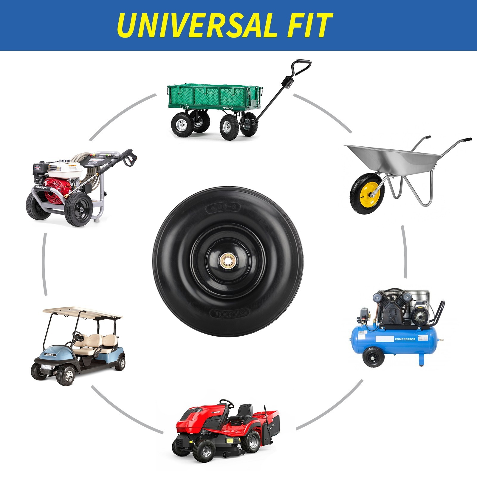 13 x 4.00-6 Flat free Solid Tire & Wheel for Wheelbarrow, Garden Wagon Cart