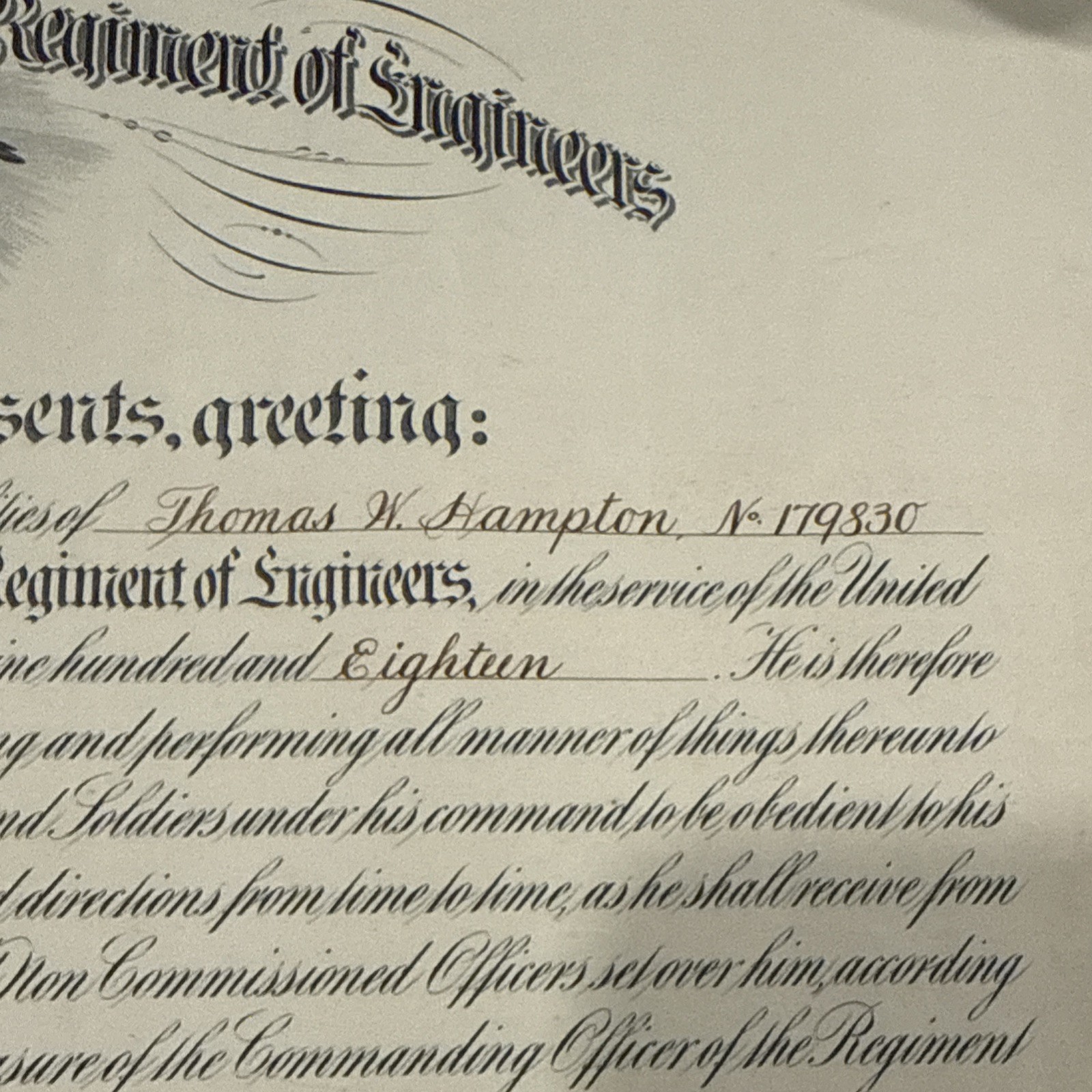 WWI 1918 11th Regiment of Engineers AEF U.S. Army Certificate Service Hampton