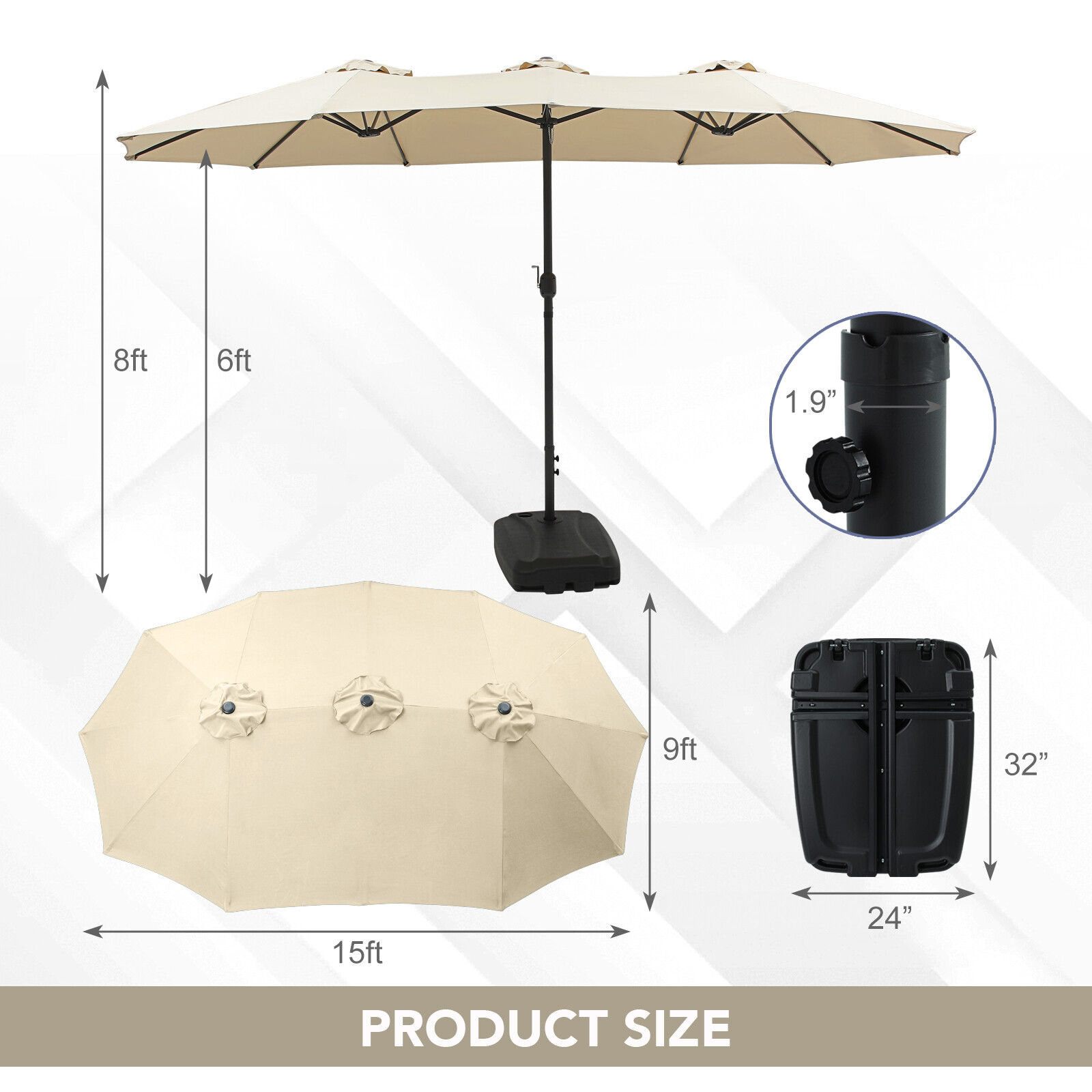 15FT Double-Sided Outdoor Sun Shade Backyard Patio Umbrella Beige w/ Crank Base