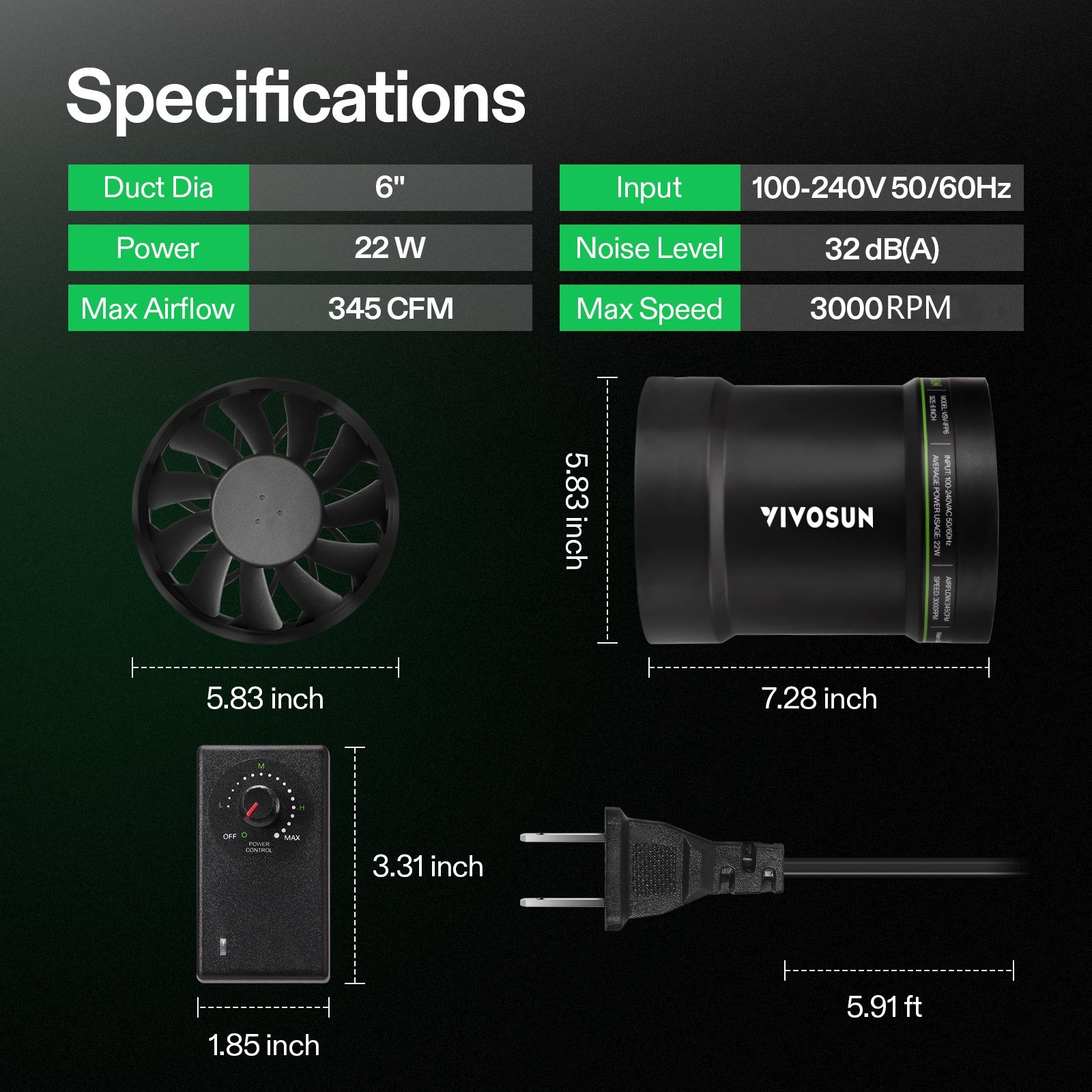 VIVOSUN 6-Inch 345 CFM Inline Booster Duct Fan with Speed Controller