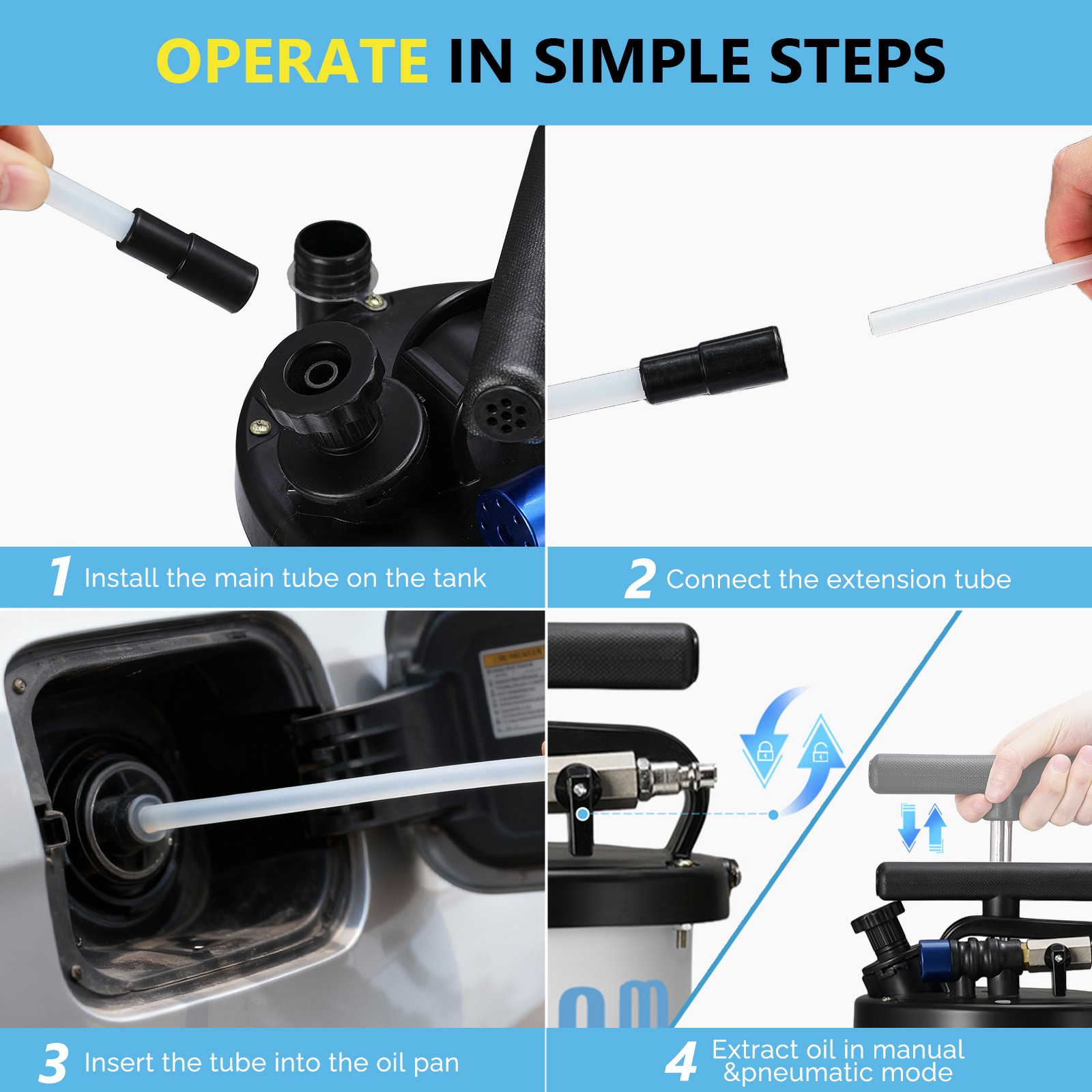 6.5L Fluid Extractor Pump Pneumatic Manual Oil Change Tool w/ 84.6" Hoses Blue