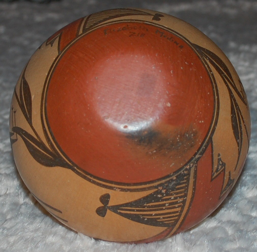 Vintage-1930-40 Zia Pottery Jar Roadrunner, Flower & Geometric designs-E. Medina