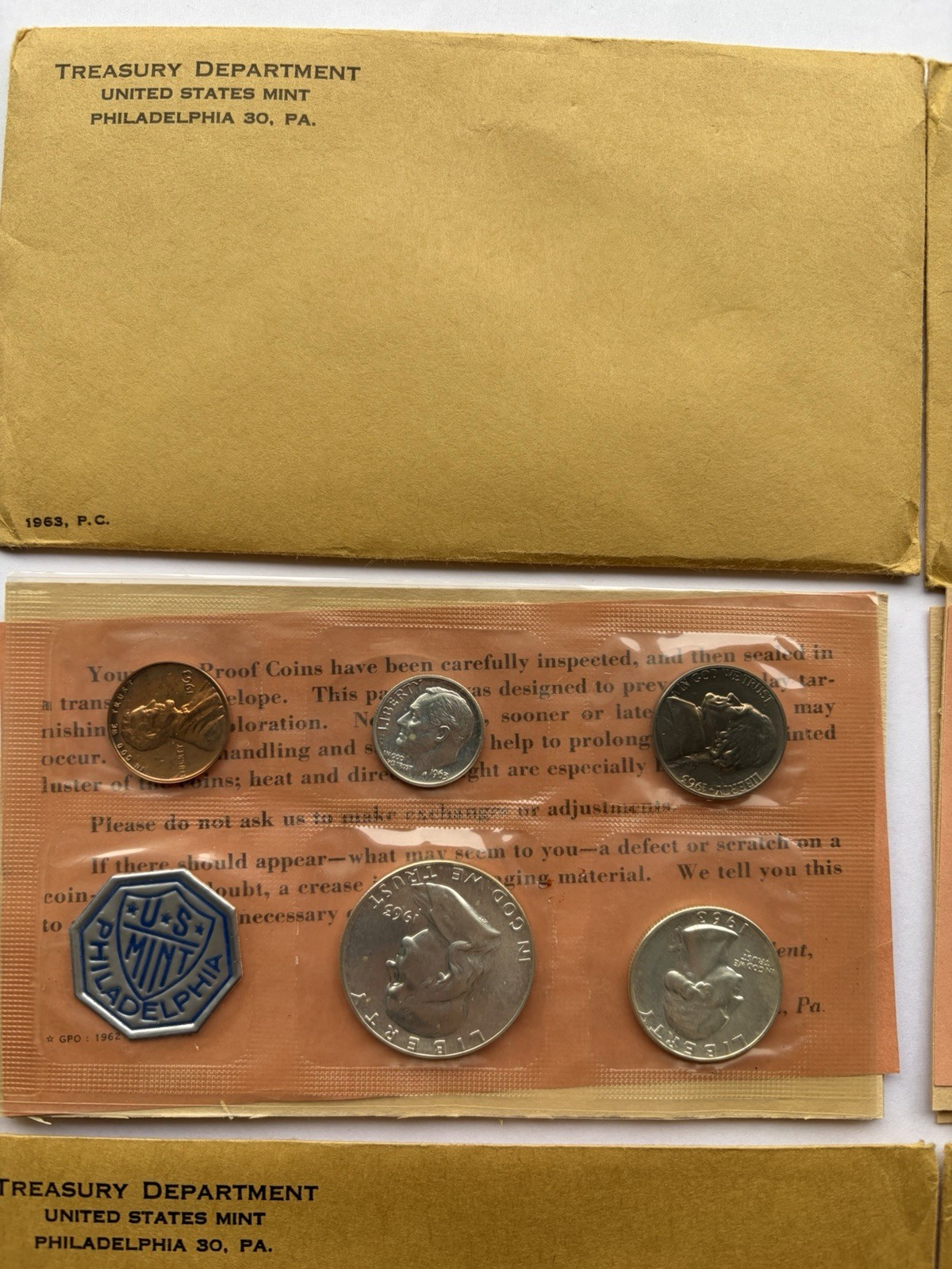 FRANKLIN HALF 1963 P U.S. MINT 90% SILVER PROOF SET 5 COINS & ENVELOPE & INSERT