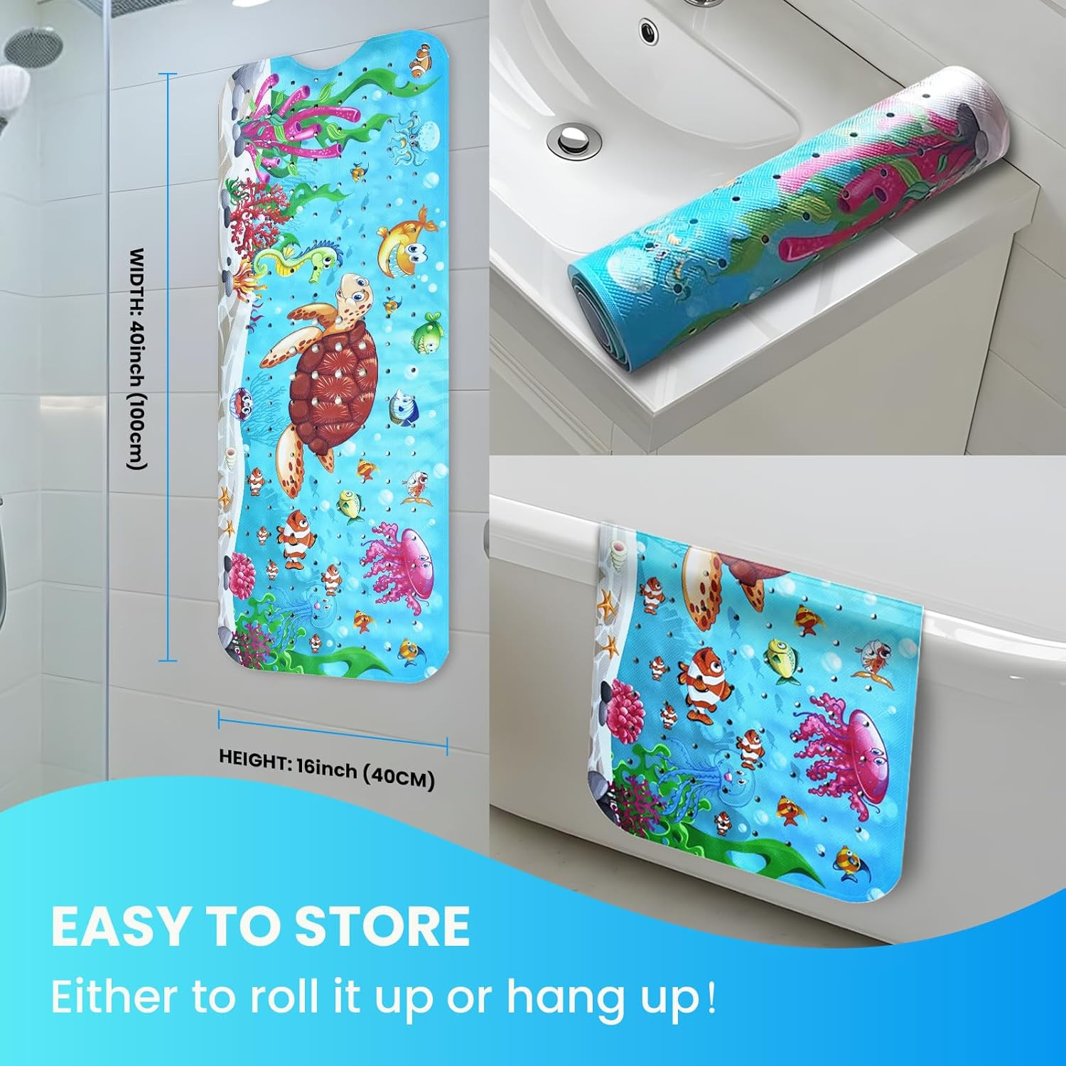 Baby Bath Tub Mat, 40 X 16 Inch Extra Large Non Slip Kids Cartoon Bathtub Shower