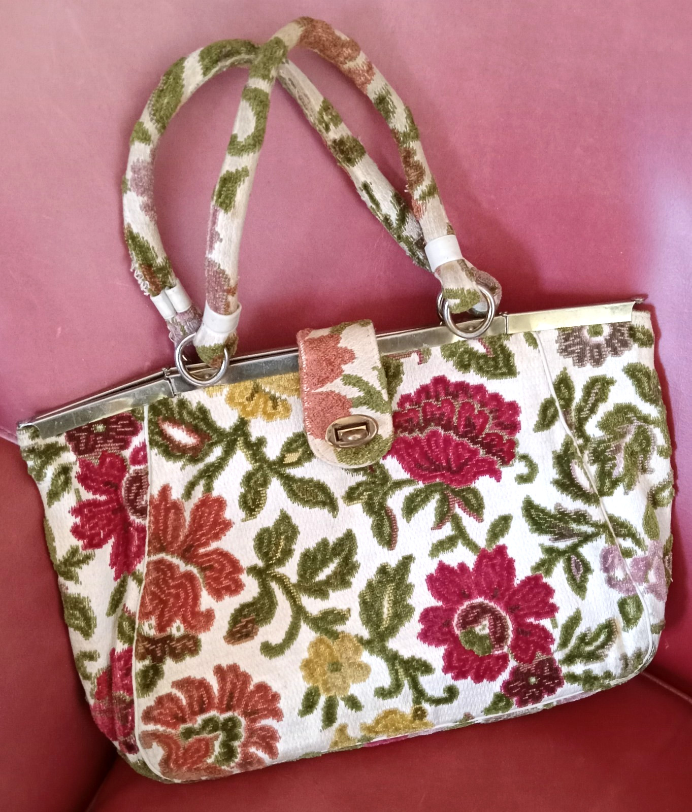 VTG MCM ETRA Fabric Textile Carpet Bag Metal Frame Handbag Floral Purse 50s-60s