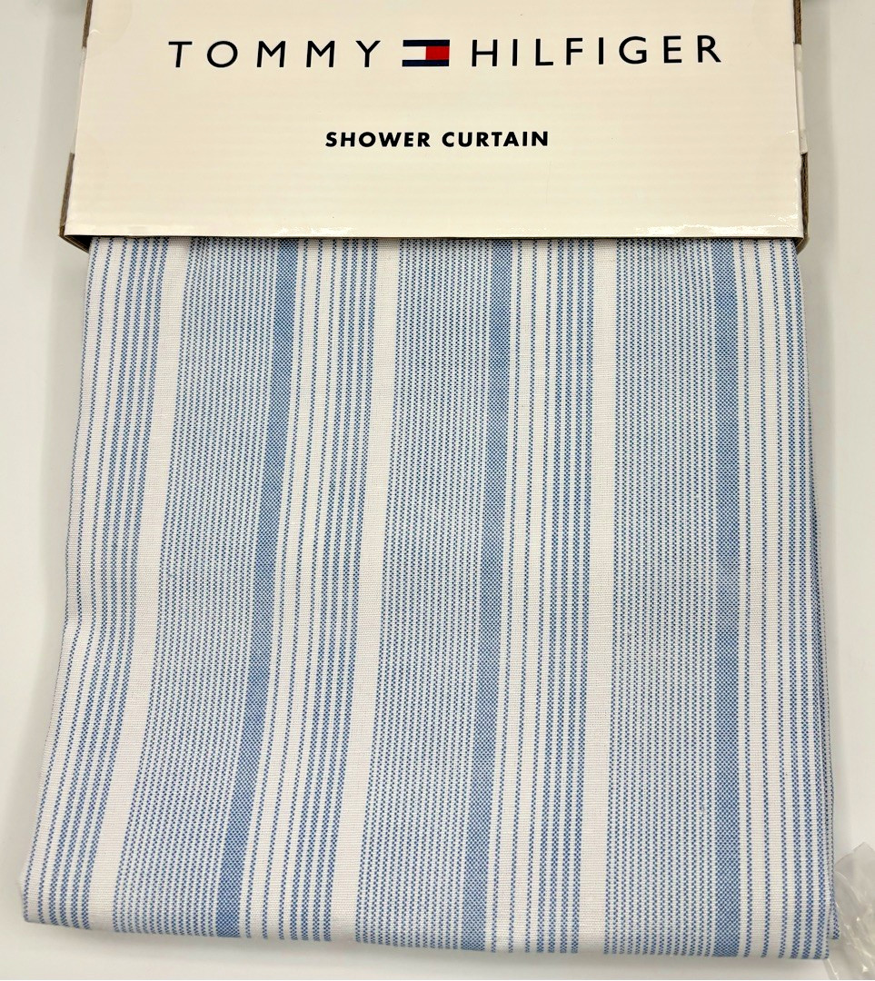 Tommy Hilfiger Blue White Stripe Shower Fabric Curtain Coastal 72x72 NEW