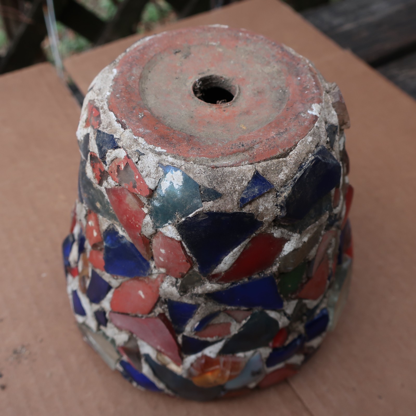 Old Antique Memory Jug Mosaic Glass Pieces over Flower Pot Crock Folk Art