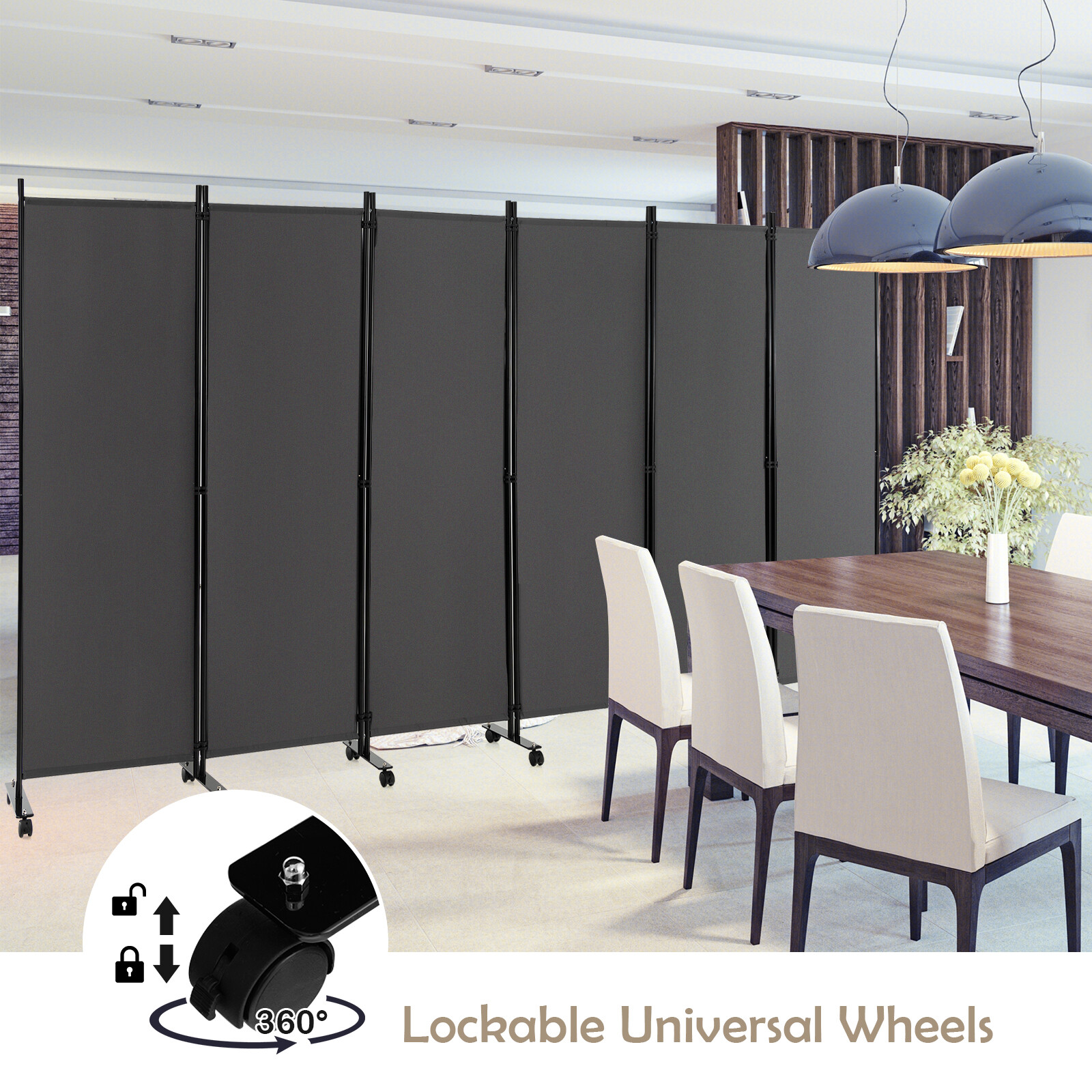 6-Panel Folding Room Divider 6FT Rolling Privacy Screen w/ Lockable Wheels Grey