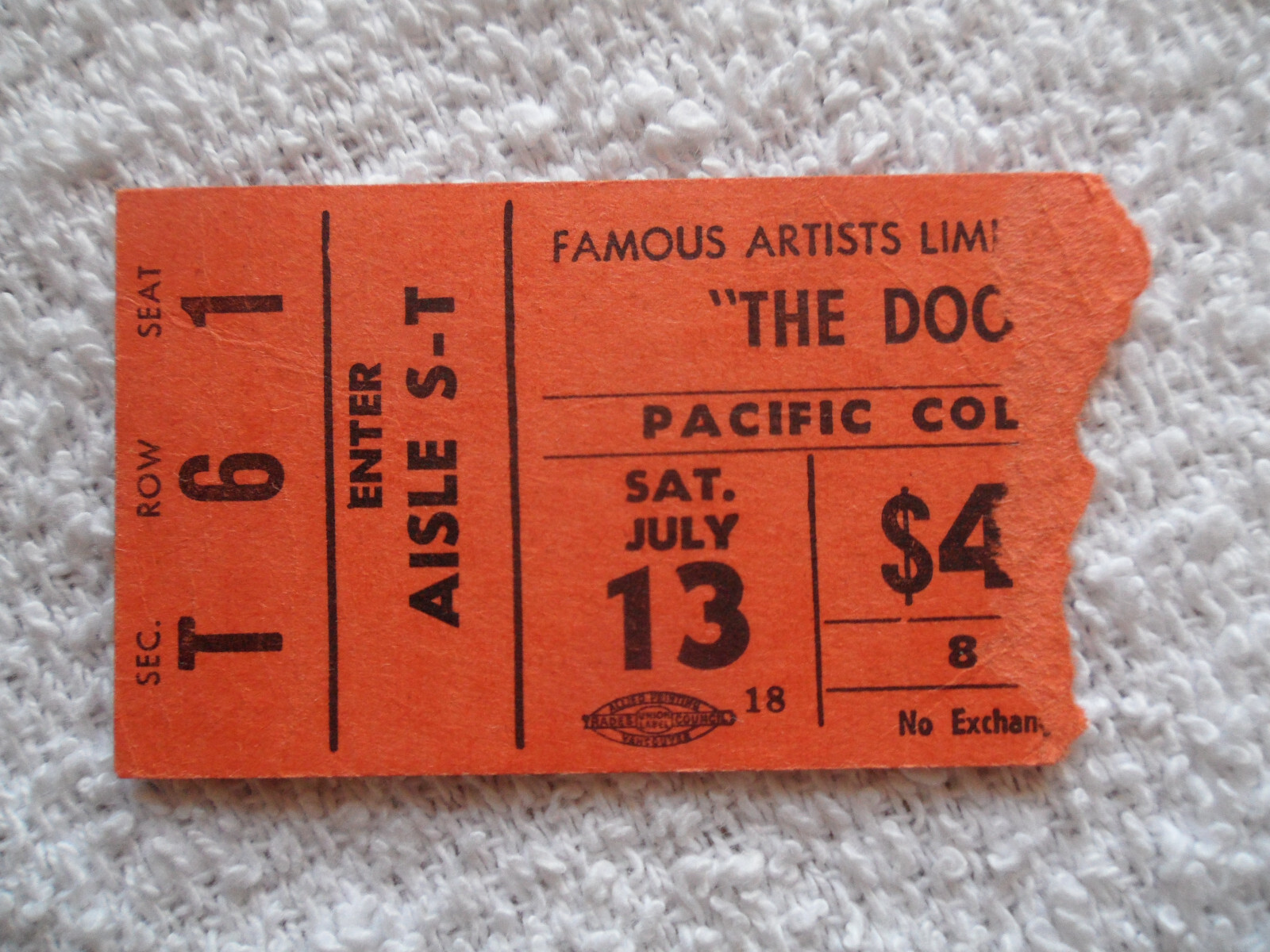 THE DOORS Original__1968__CONCERT TICKET STUB__Vancouver__EX