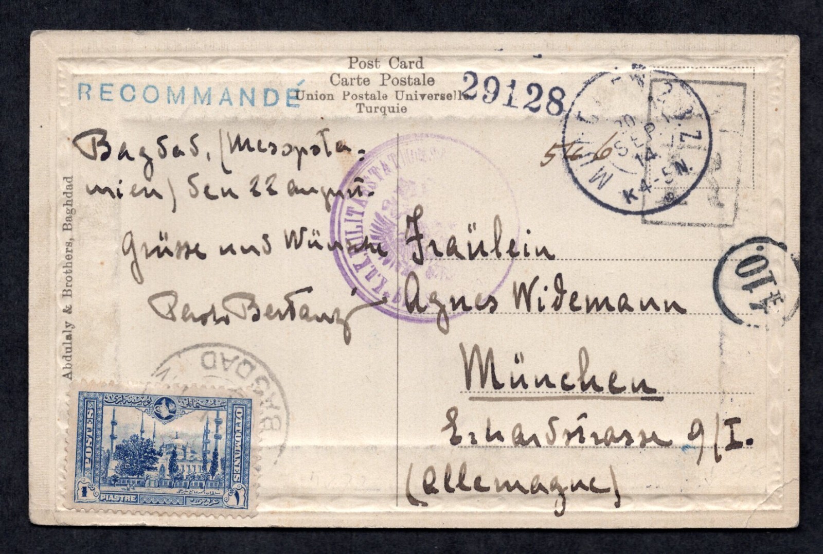 IRAQ TO GERMANY 1913 POSTCARD FRANKED OTTOMAN STAMPS TIED BAGDAD ON BOTH SIDES