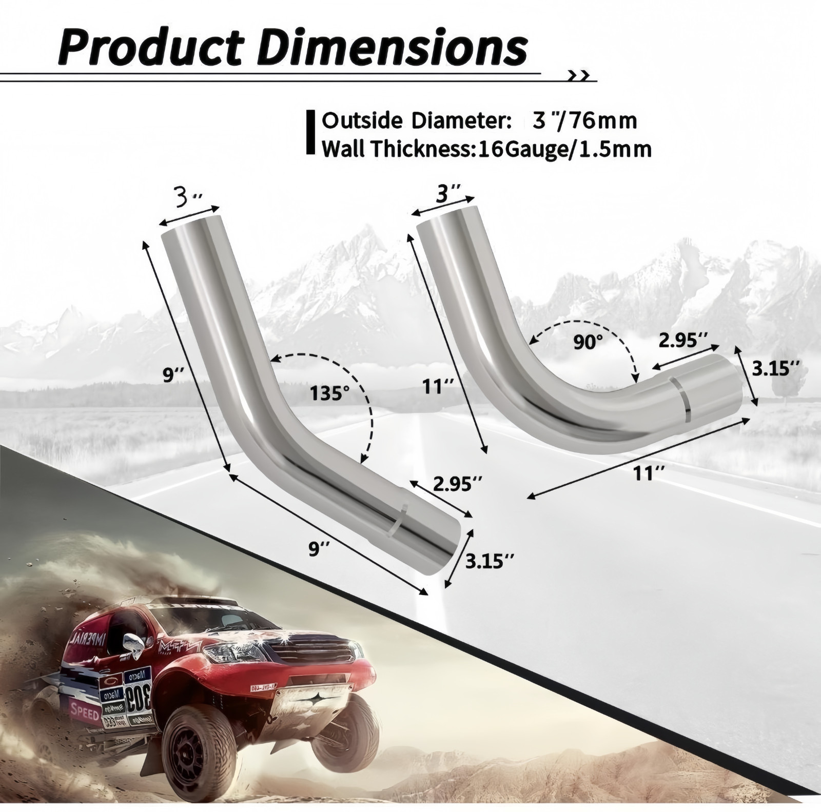 3" OD Stainless Exhaust Pipe Kit Straight Mandrel Bend DIY T304 Tubing Set 8Pcs
