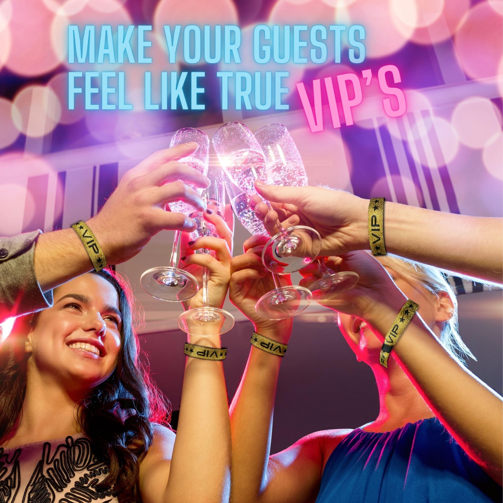 110 Pack Glitter Gold VIP Party Wristbands with Secure Locking Clip. Must Hav...