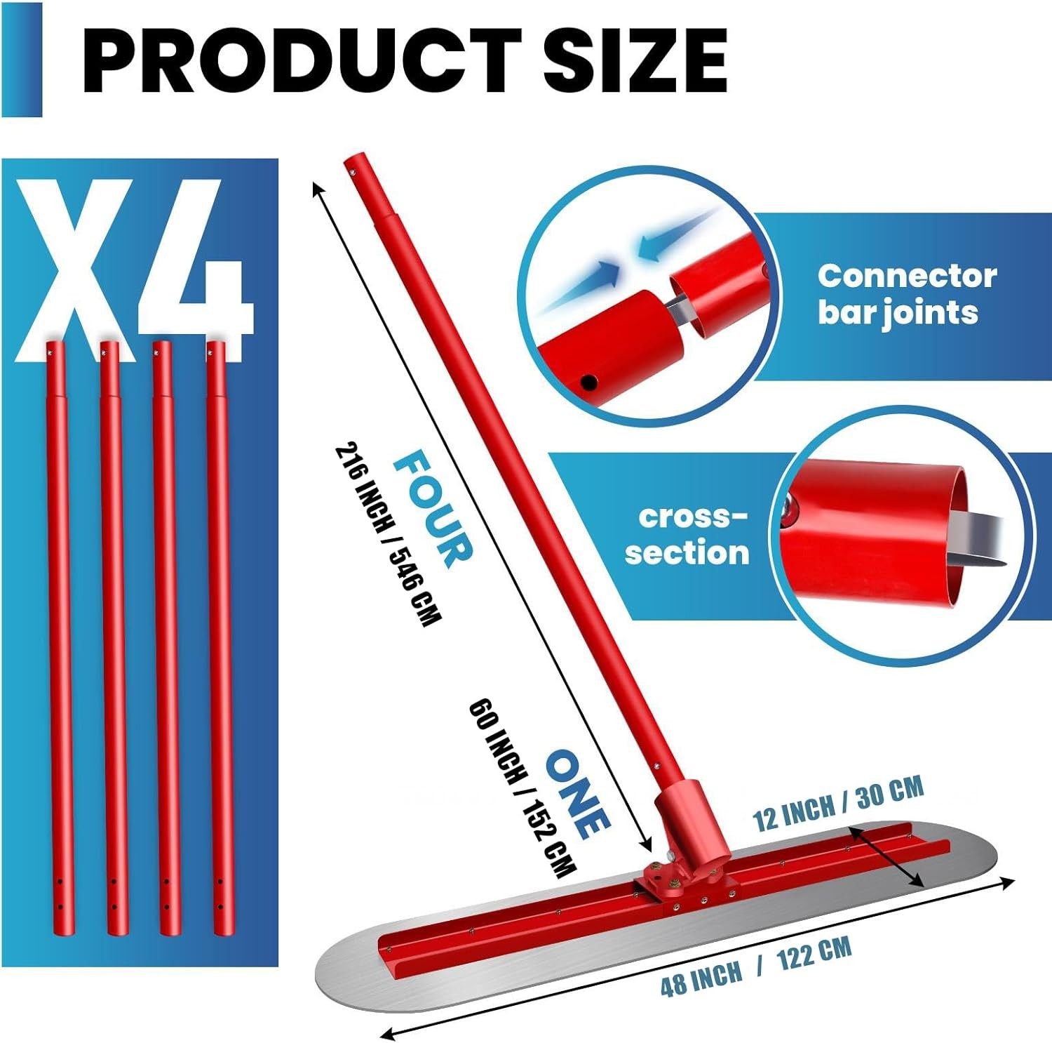 48''x12'' Bull Float Concrete Tool w/Round End Concrete Trowel w/4 Handle,Smooth