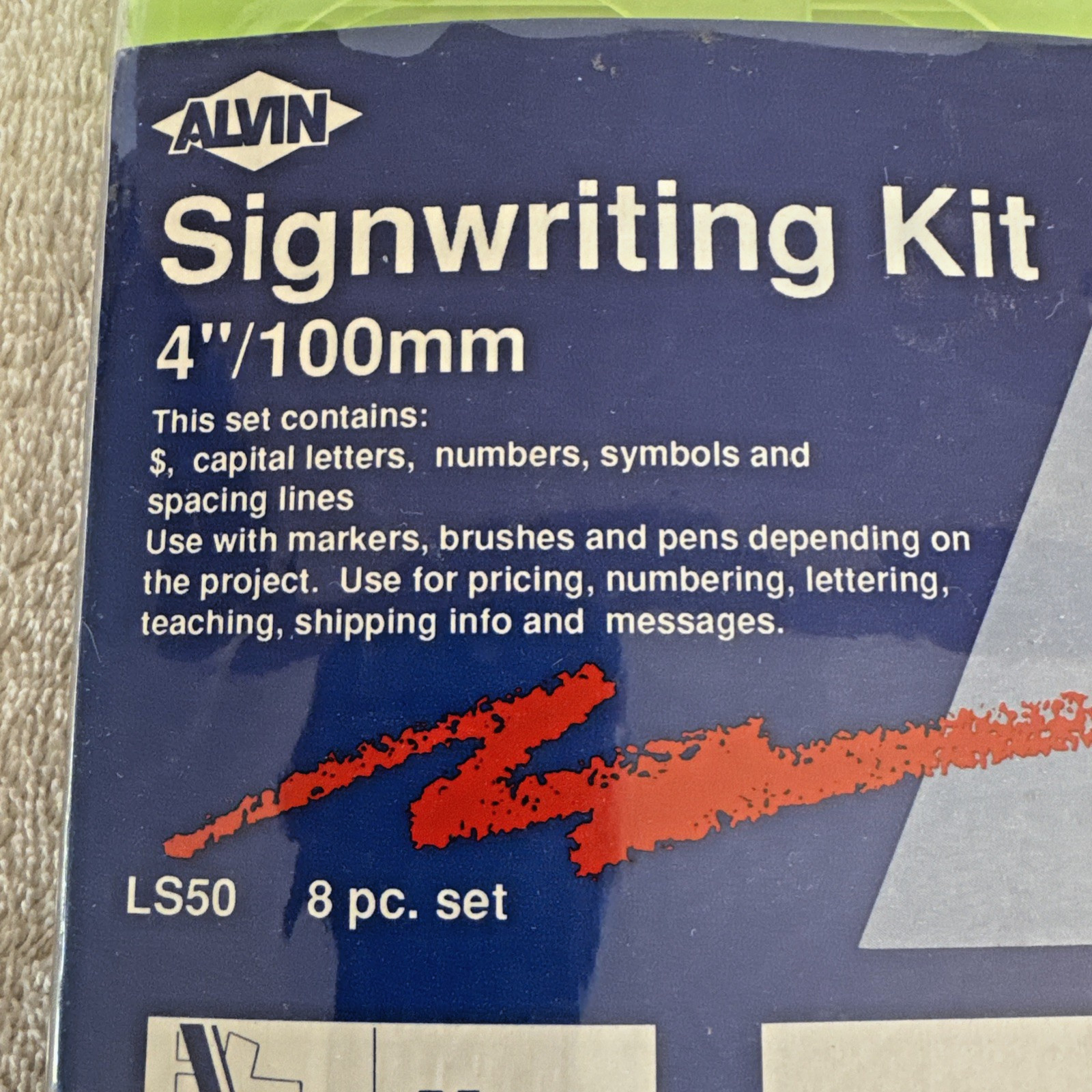Vintage Alvin Signwriting Kit 4'' Capital Letters, Numbers & Symbols 8 Pieces