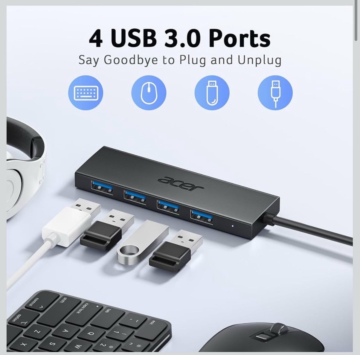 Acer USB Hub 4 Ports, Multiple USB 3.0 Hub, USBA Splitter for Laptop with Typ...