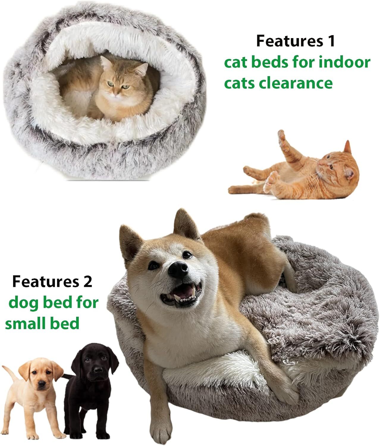 Cat Bed Round Plush Fluffy Hooded Cat Bed Cave Soothing Pet Beds Small 16in*16in