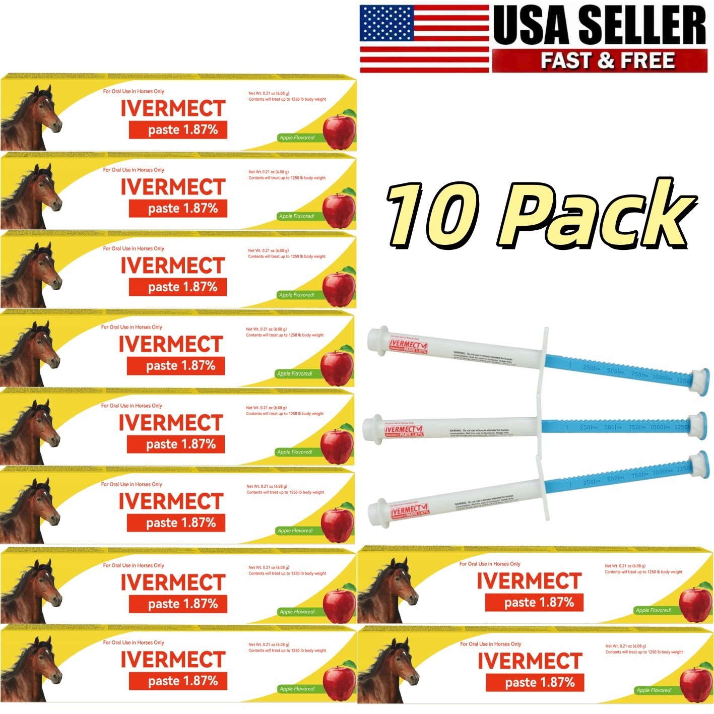 10 Pack New Paste Wormer Horse Dewormer Apple Flavor US Free Shipping