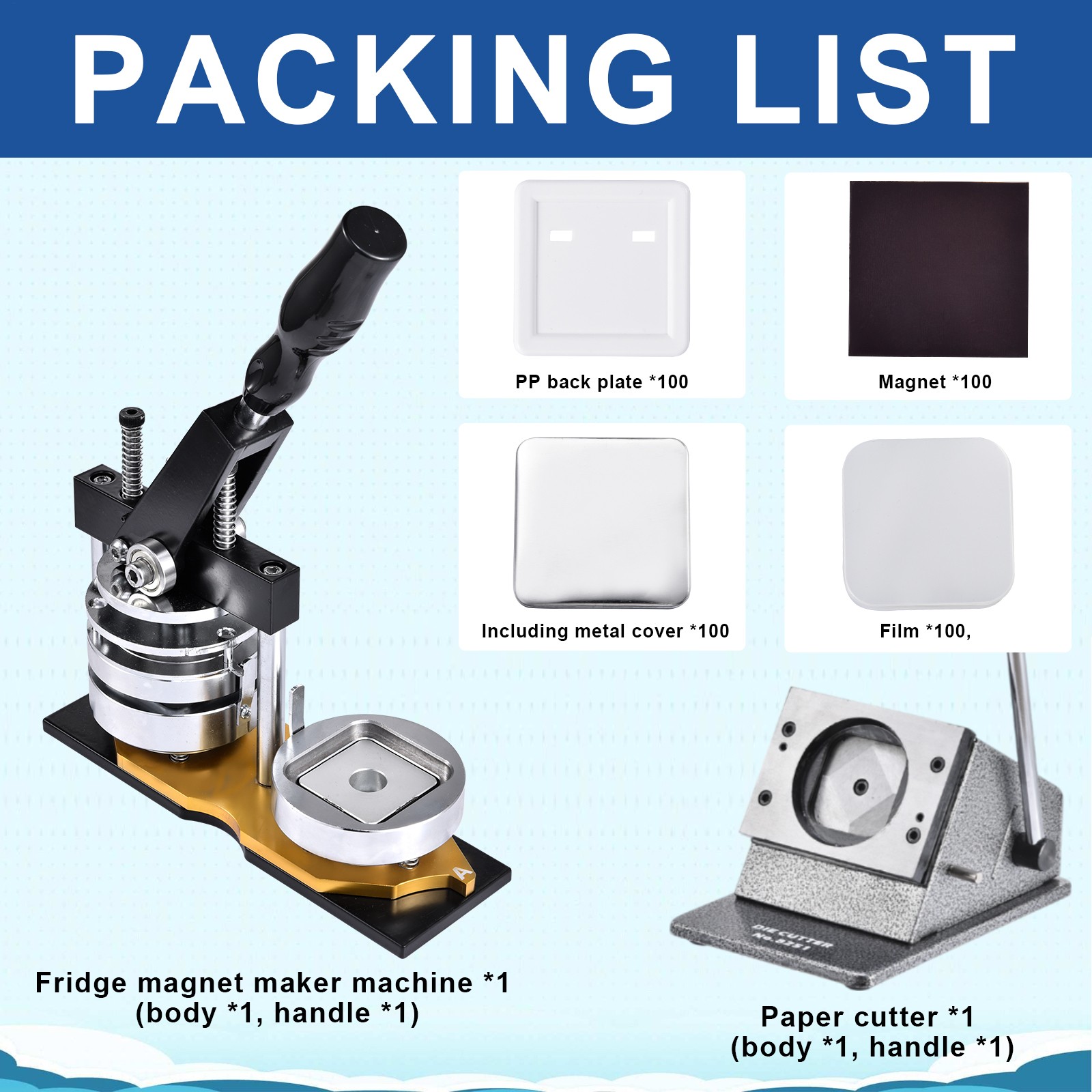 50mm 2inch Square Fridge Magnet Making Machine Kit + 100 Sets Magnet Consumables