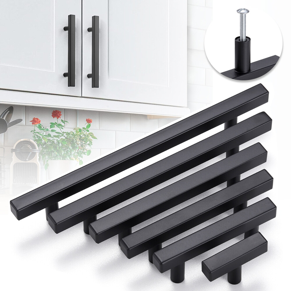 Matte Black Square Modern Cabinet Handles Pulls Kitchen Drawer Stainless Steel