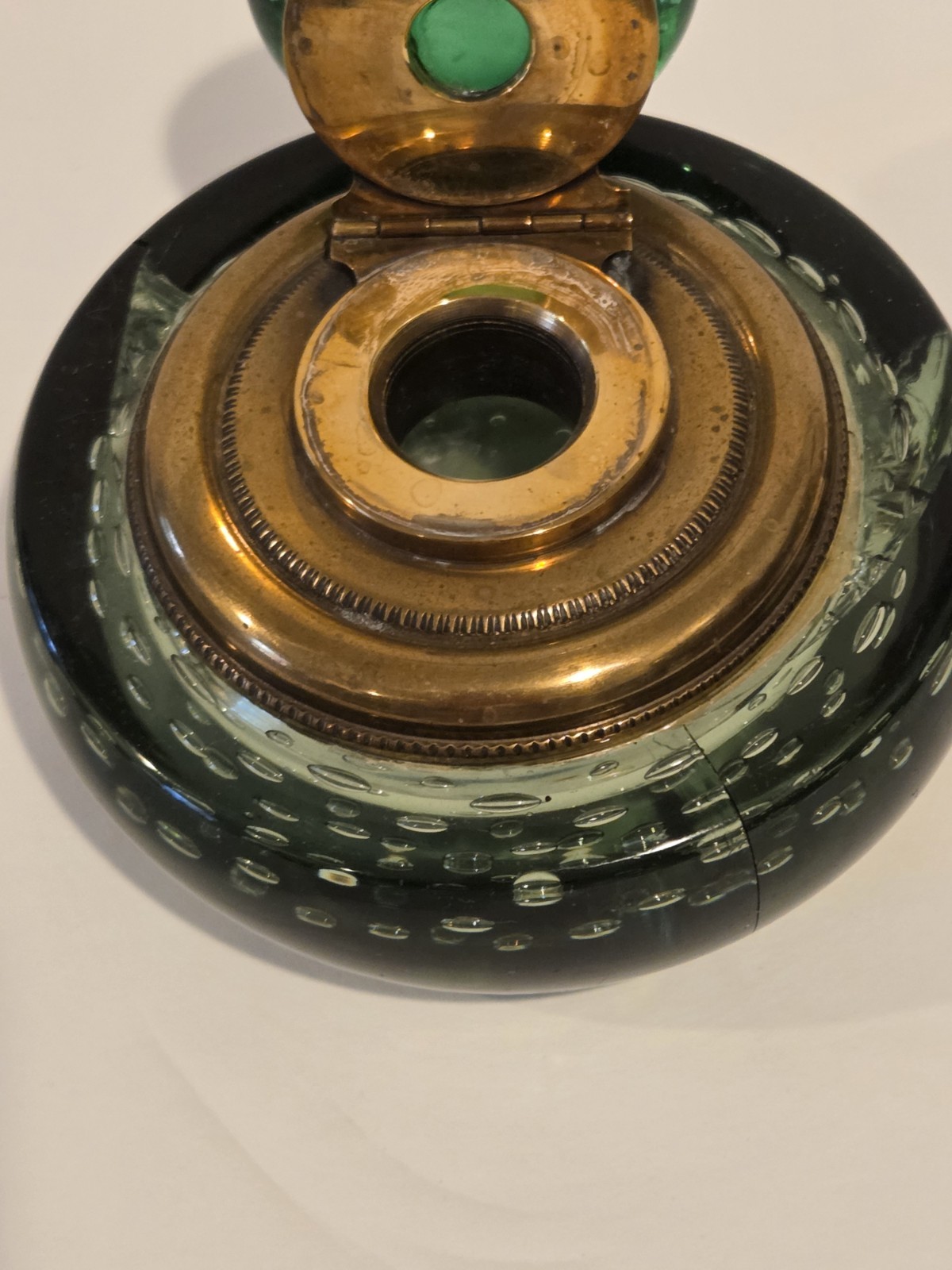 Glass Ink Well hand Blown Controlled Bubbles Brass Antique Green