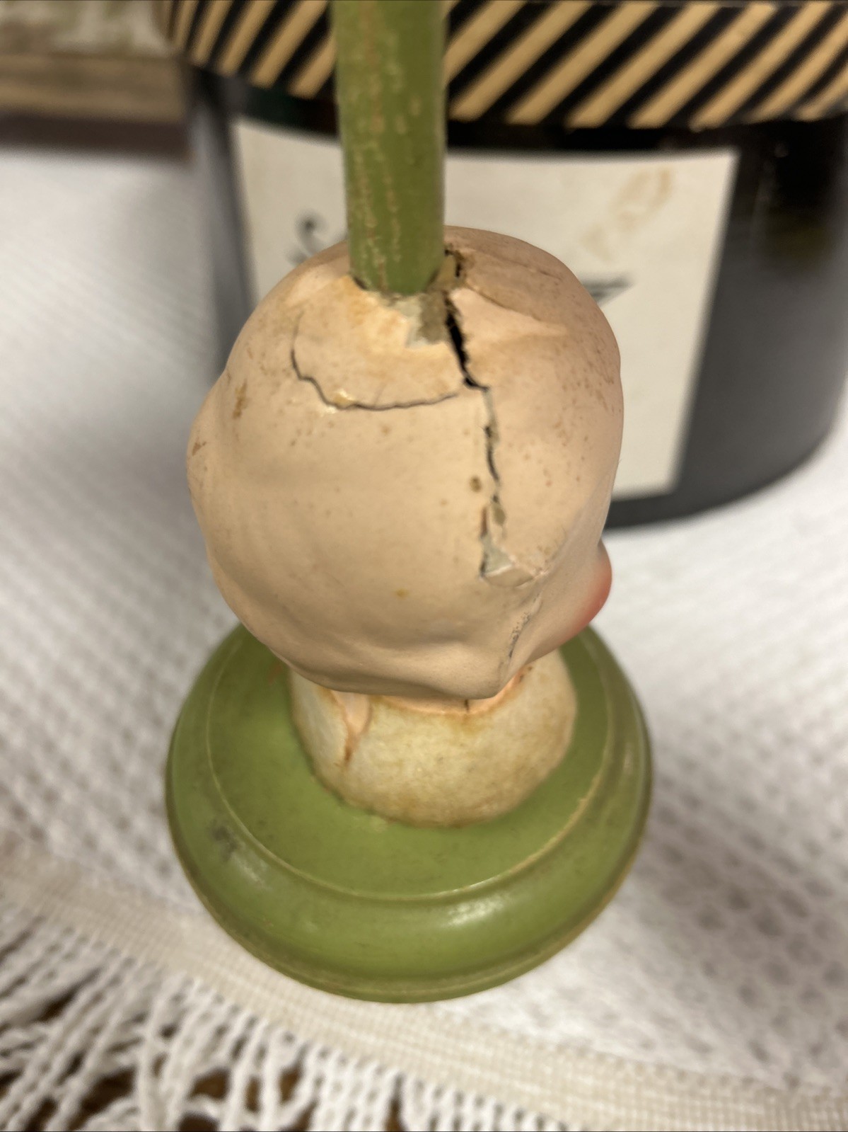 Antique Papier-Mâché Side Eyed Doll Head Girl Wood Hat Stand 9.5" Creepy Germany