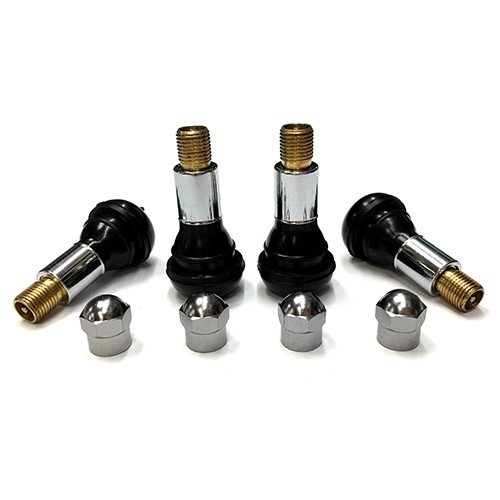 TR413 SNAP-IN TIRE VALVE STEMS WITH CAPS CHROME BLACK RUBBER (4pcs)