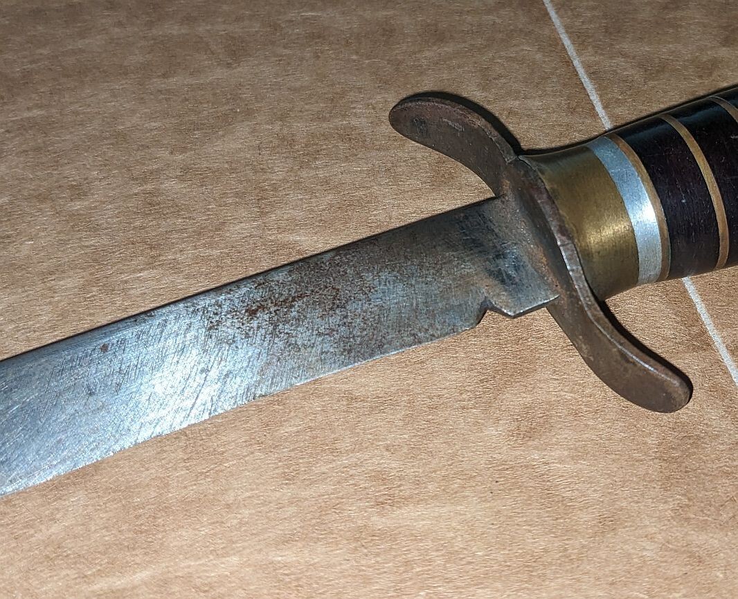 WWII Era Theater Made Fixed Blade Knife Brass Aluminum Leather Handle