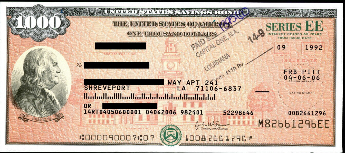 UNITED STATES $1000 NICE VIGNETTE OF BENJAMIN FRANKLIN SAVINGS BOND - CANCELLED!