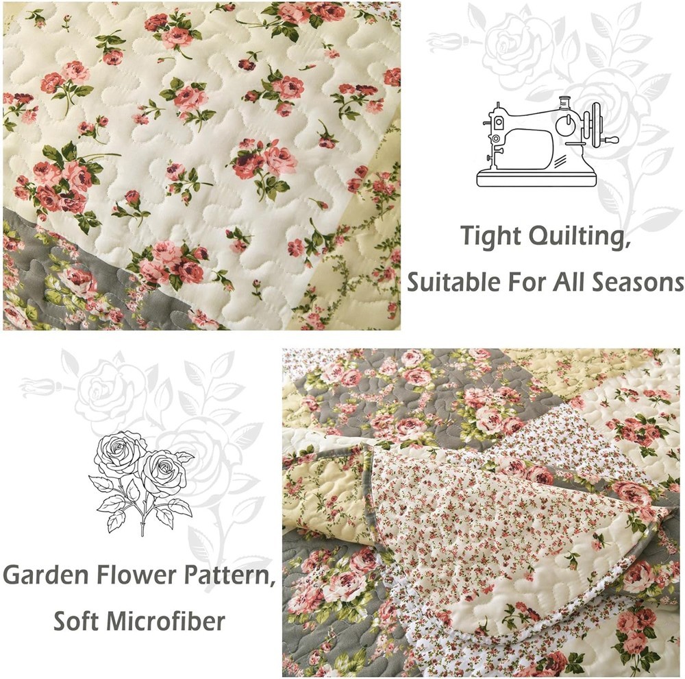 Romantic Patchwork Quilt Set King Size Reversible Bedspread Coverlet All Season
