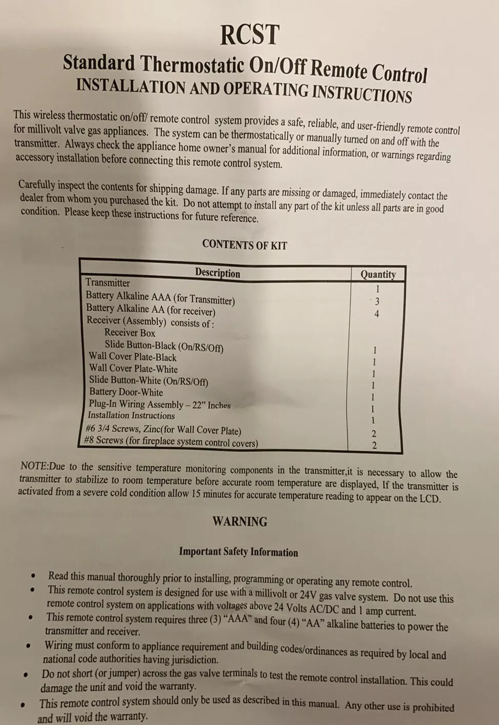 Fireplace Thermostatic Remote Control Kit, Ambient & Skytech Compatible, New