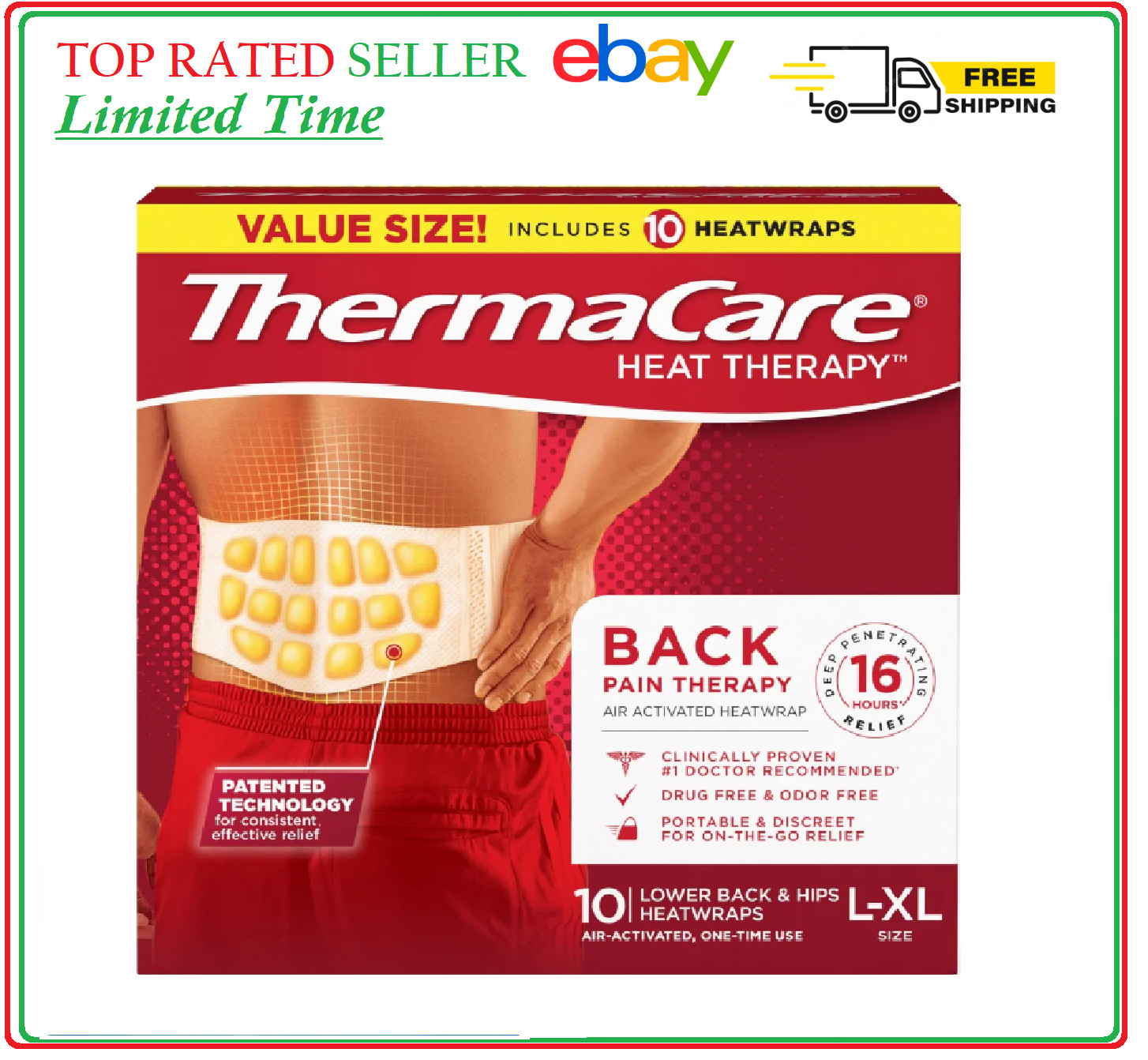 NEW ThermaCare 10 Heat Wraps Lower Back & Hip L/XL 8 hours of Continuous Heat