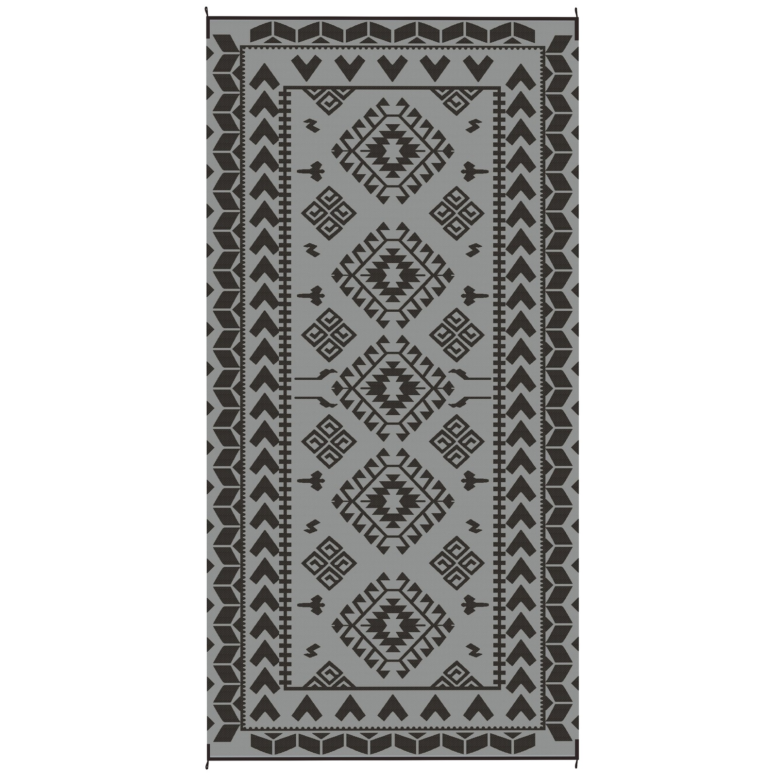 Outsunny Outdoor Rug, 9' x 18' Floor Mat, Black Gray Rhombus Patchwork