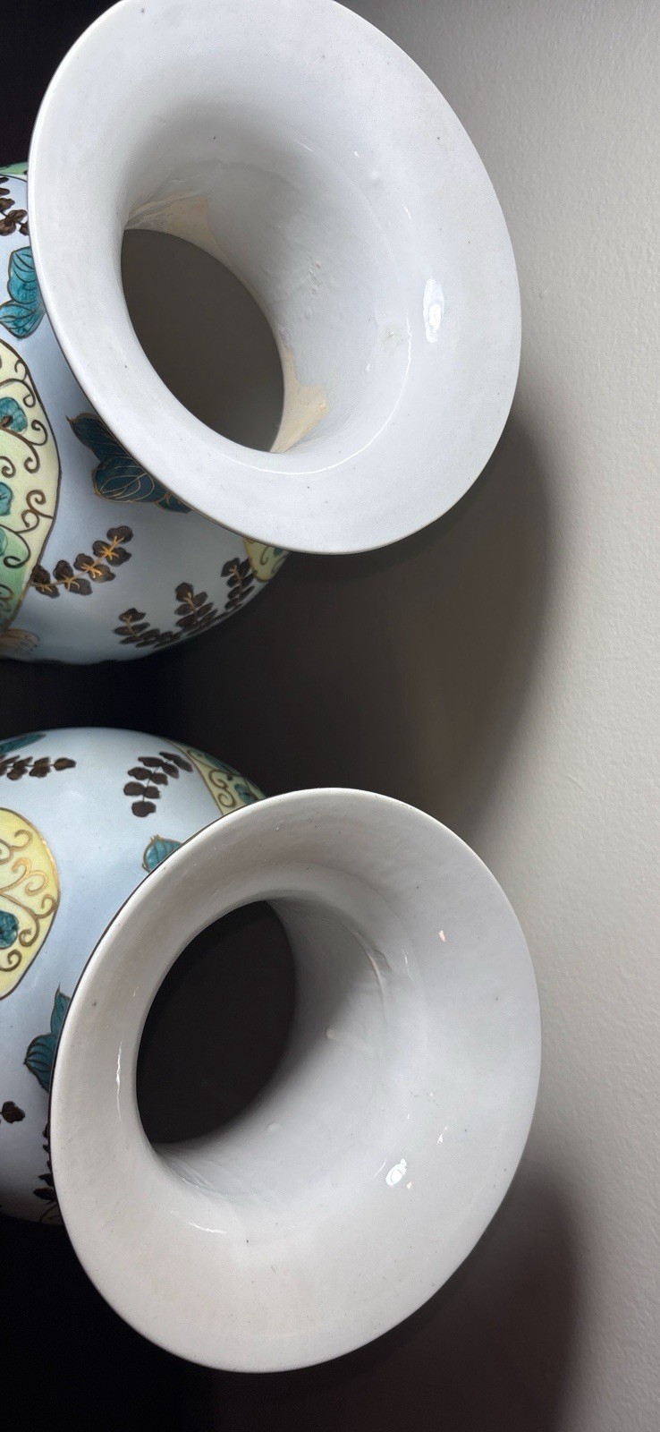 Beautiful Pair of Large Chinese Jingdezhen Porcelain Vases on Brass Stands 16”