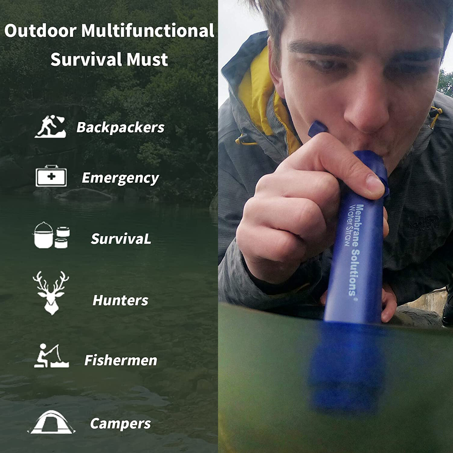 Personal Water Filter Straw|2xCollapsible Water Storage Bags|Portable Filtration