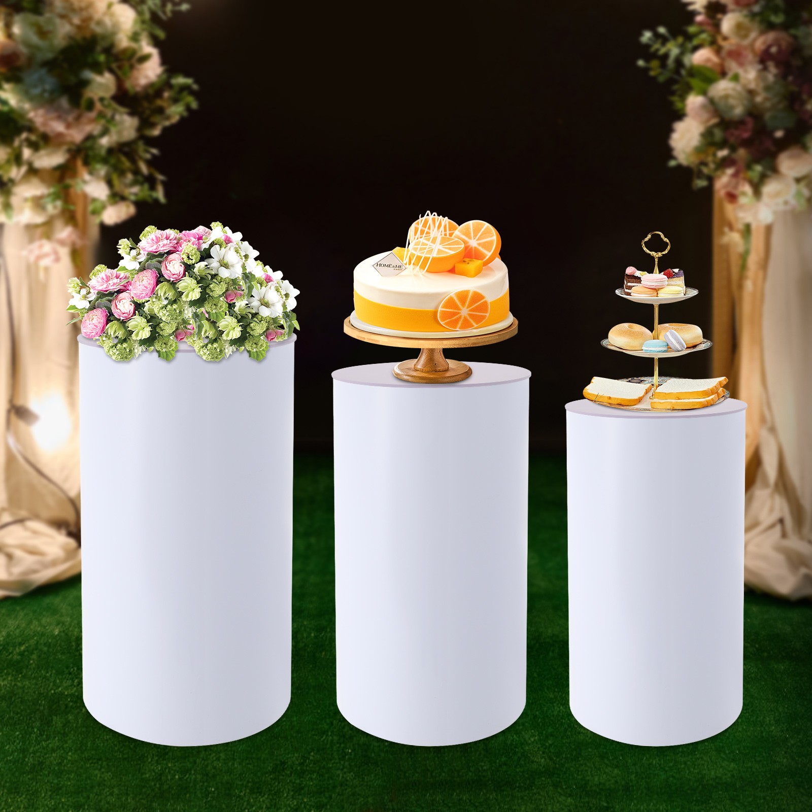 3 Pcs Round Cylinder Pedestal Stand For Wedding Party Display Stand Decor White