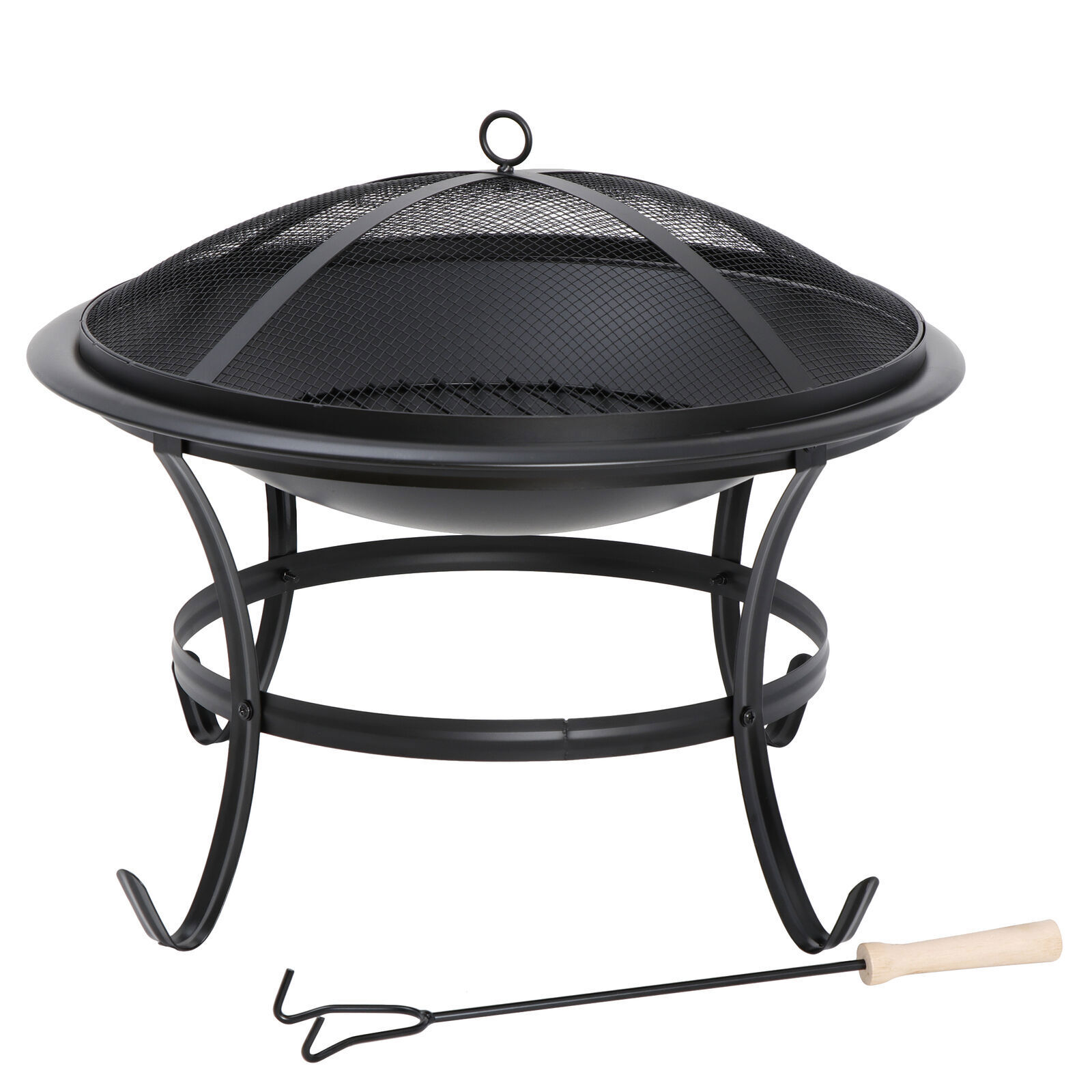 22" Round Fire Pit Patio Wood Burning Bowl Stove Fireplace W/ Lid Poker Black