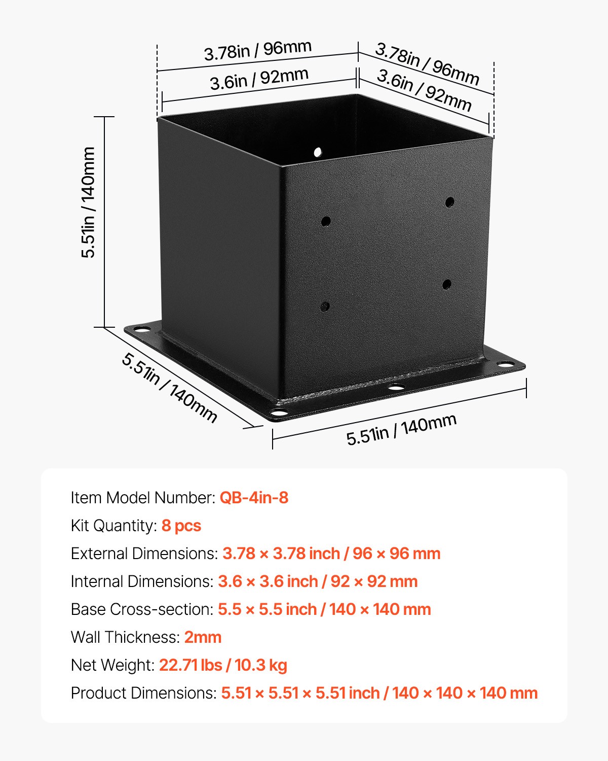 VEVOR 8 Pack 4x4 Post Base Brackets Wood Fence Post Anchor Inner Size 3.6x3.6 in
