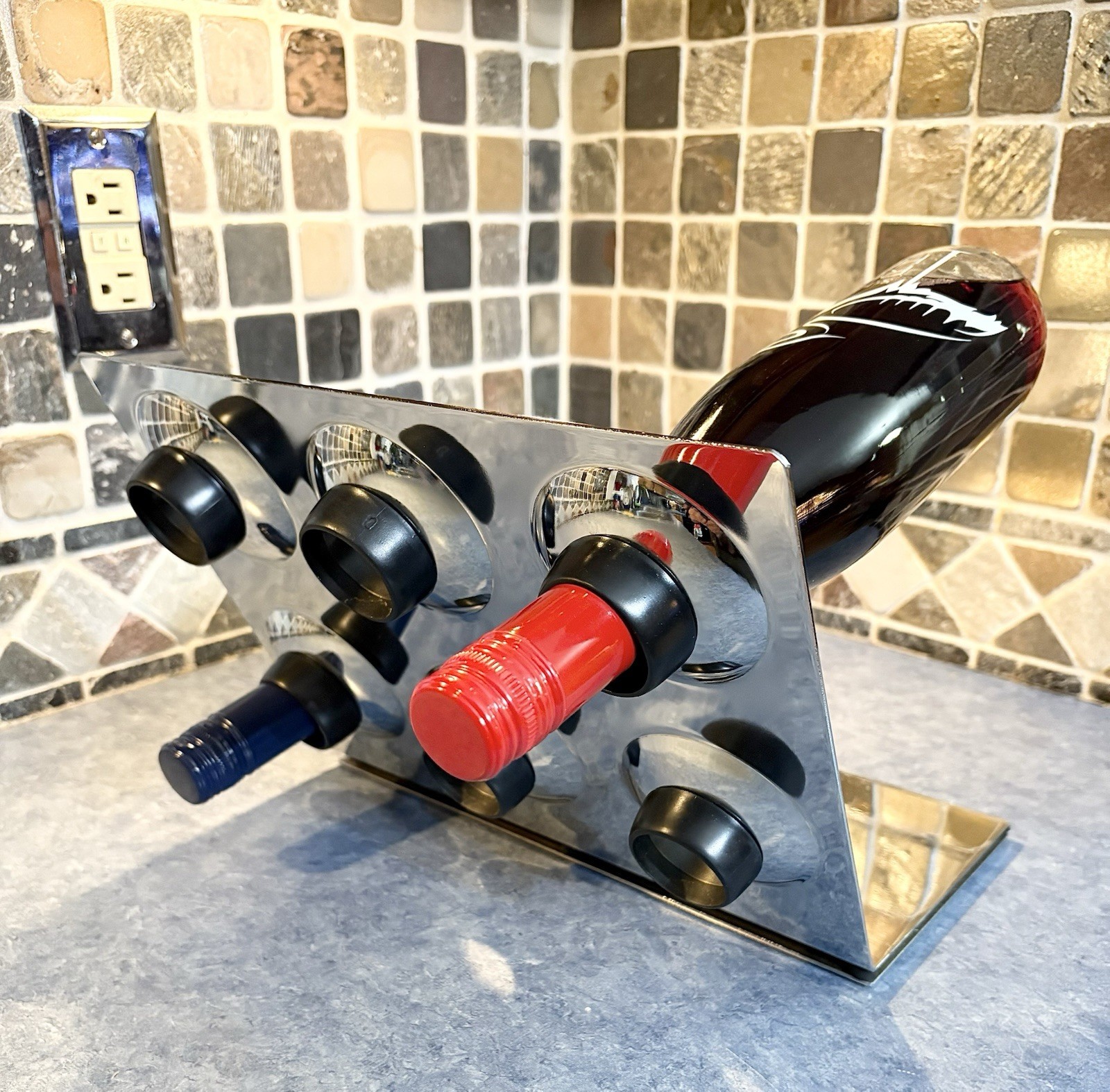 Vintage Mid Century 1960s 70s Geometric Free Floating Chrome Wine Rack Holder