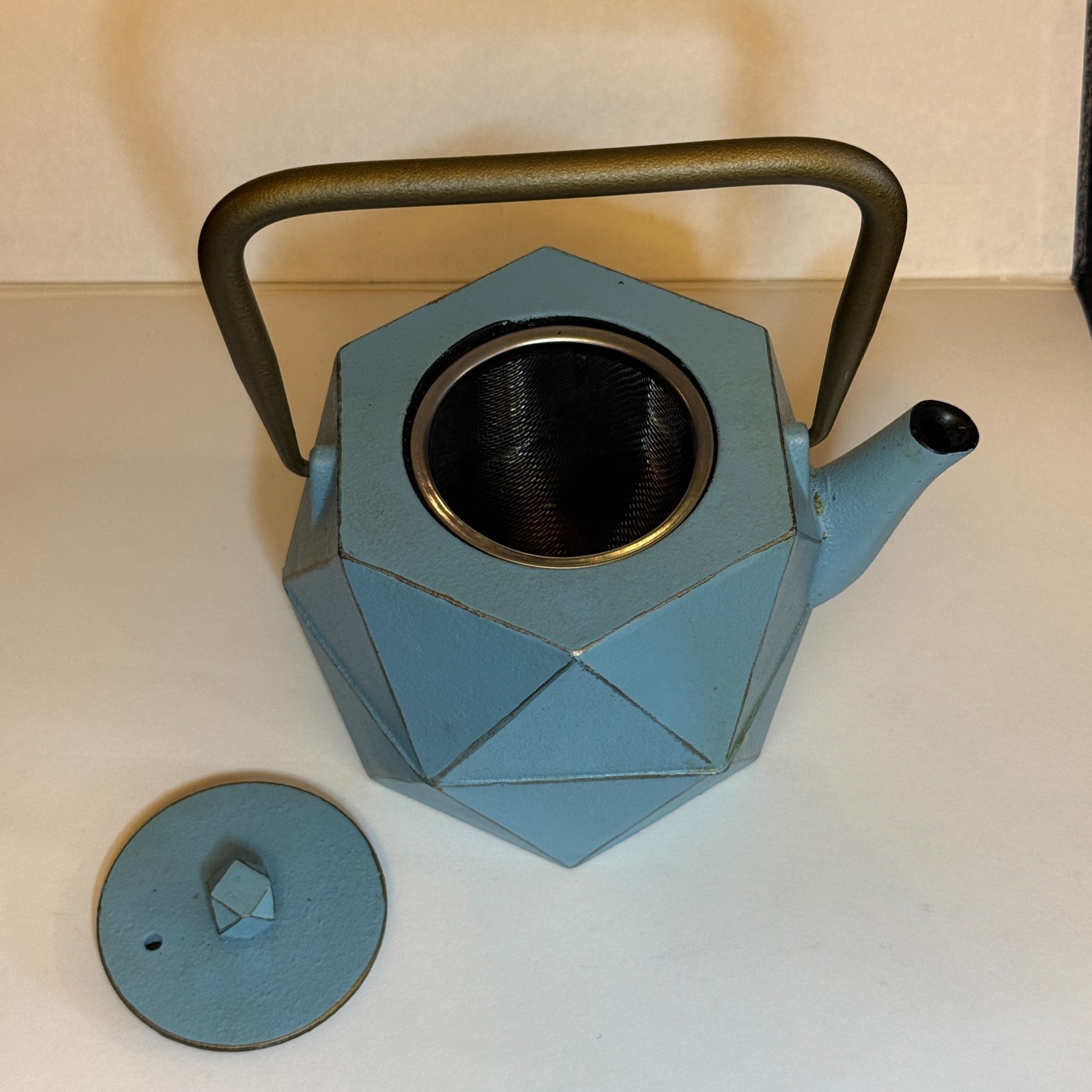 Japanese Tetsubin Cast Iron Blue Diamond Geometric Tea Kettle Stovetop w Infuser
