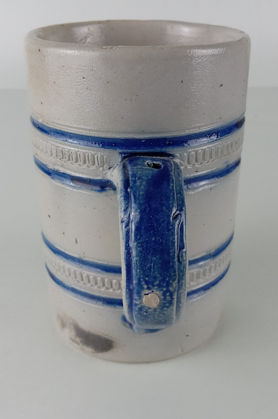 Antique German Salt Glazed Cobalt Decorated Stoneware Mug 5" Marked