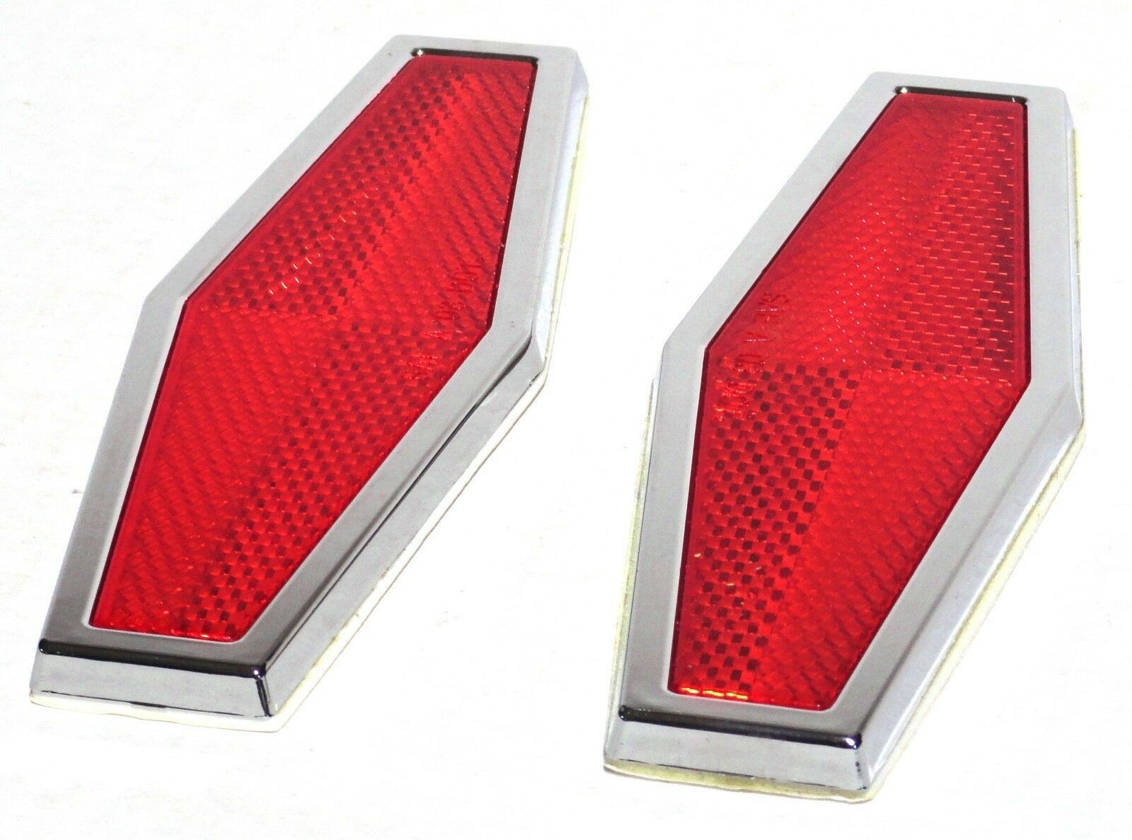 Red Hexagon Reflectors 1-3/4" x 5-1/2 Acrylic Lens Chrome Trim Stick-On GG#80864