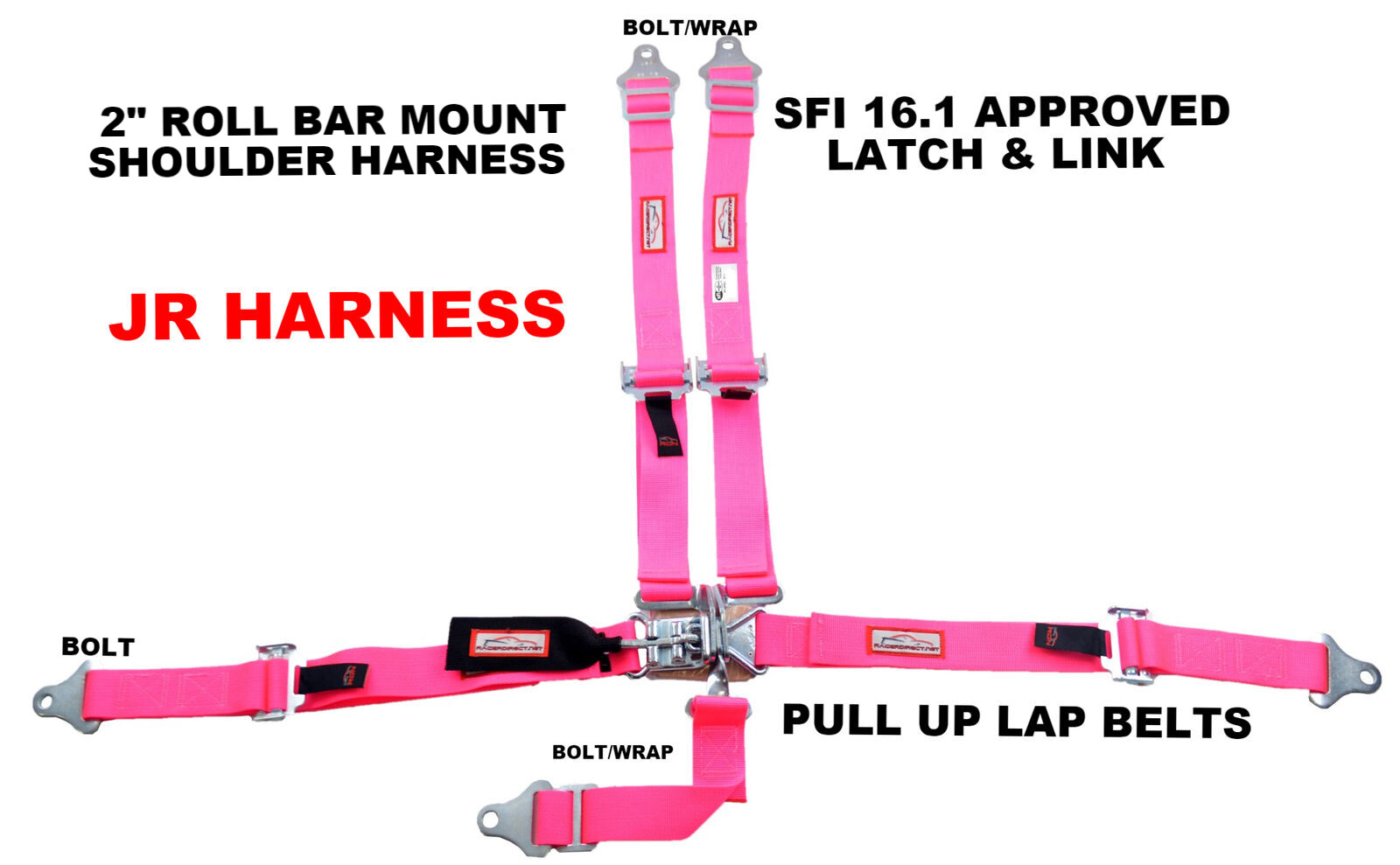 JR DRAGSTER HARNESS SFI 16.1 FIVE POINT LATCH & LINK ROLL BAR MOUNT BELT PINK