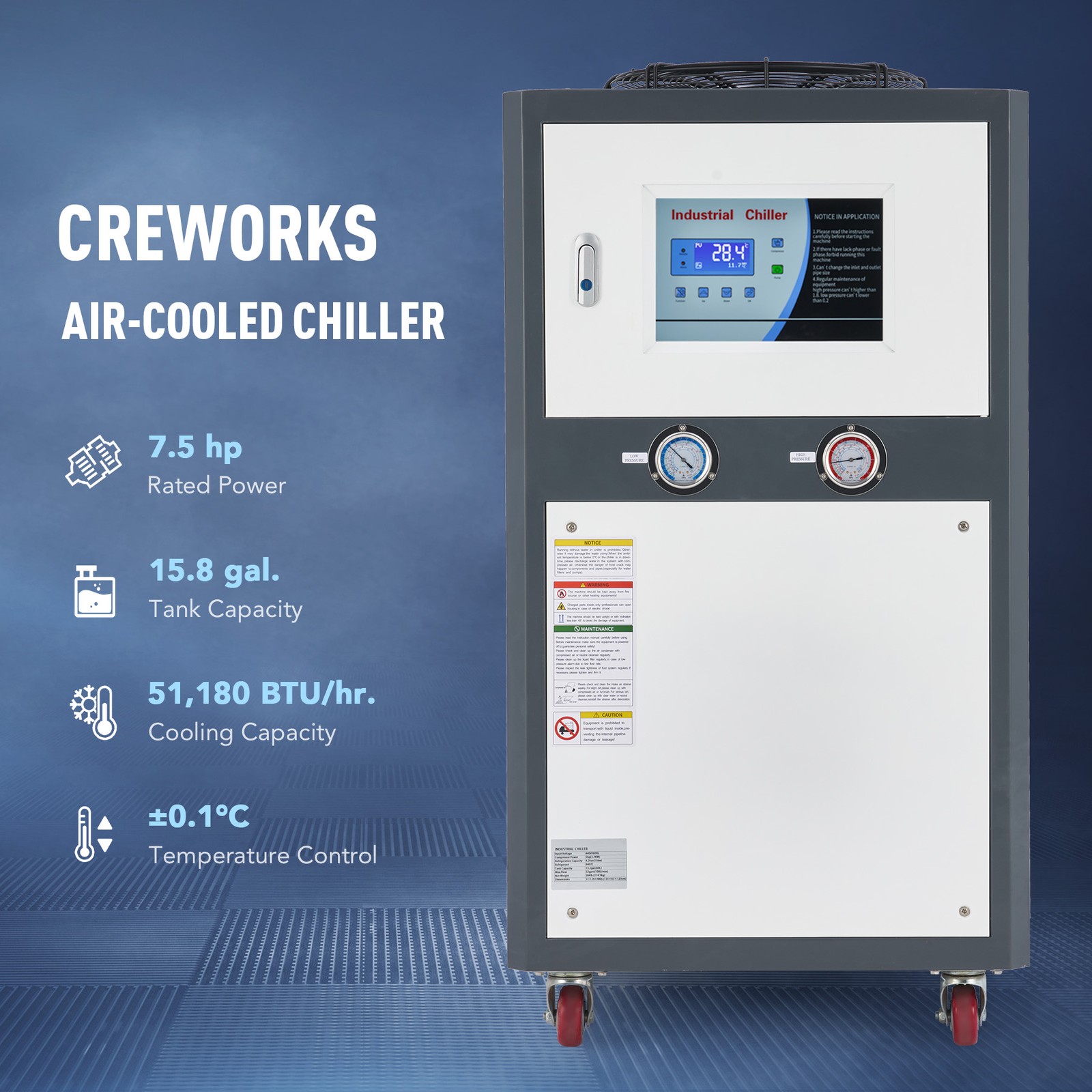 CREWORKS 7.5HP R32 Air-Cooled Chiller Industrial Water Chiller 15.8 gal. Tank