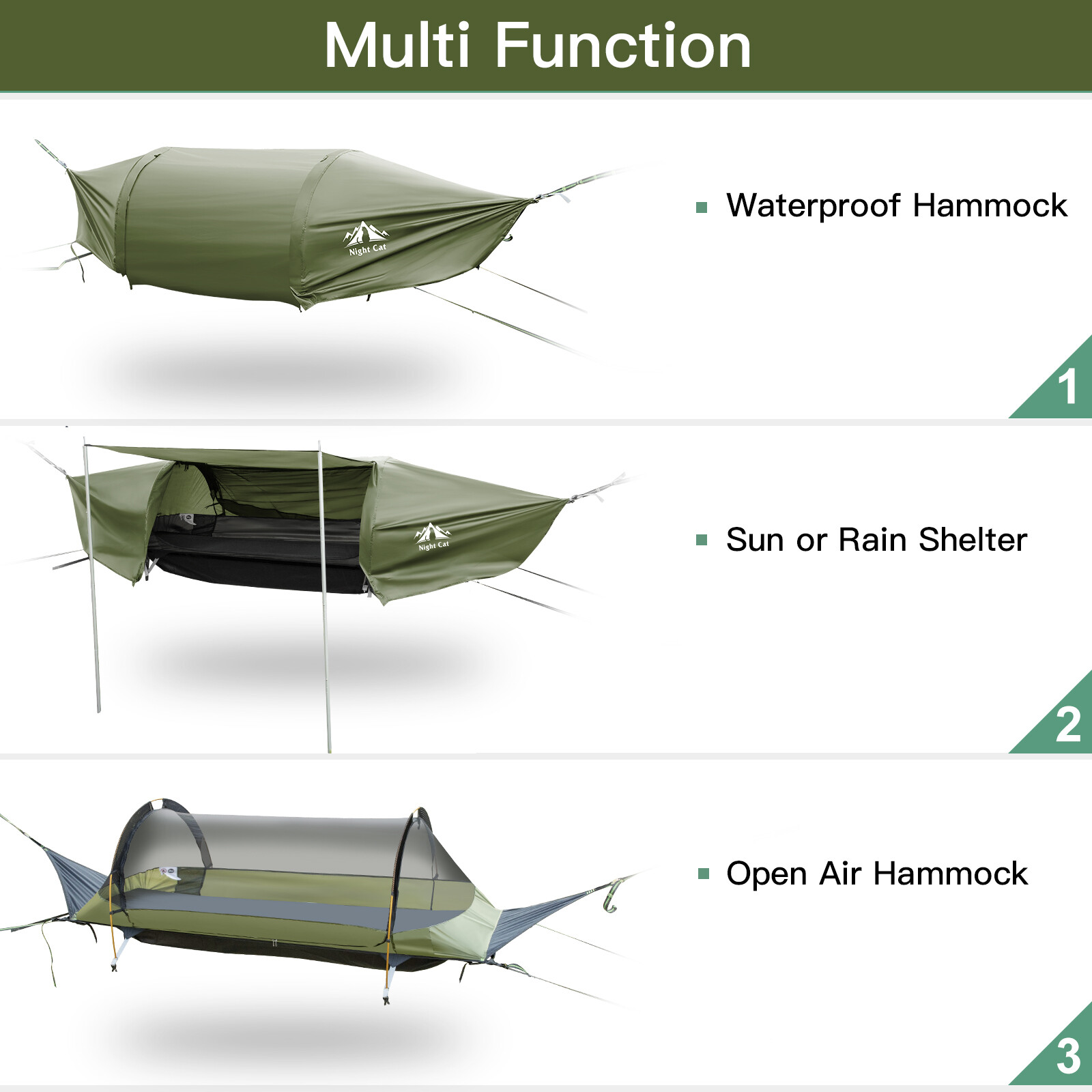 Night Cat Flat Lay Hammock Tent W/ Mosquito Net Waterproof Rainfly Storage Room