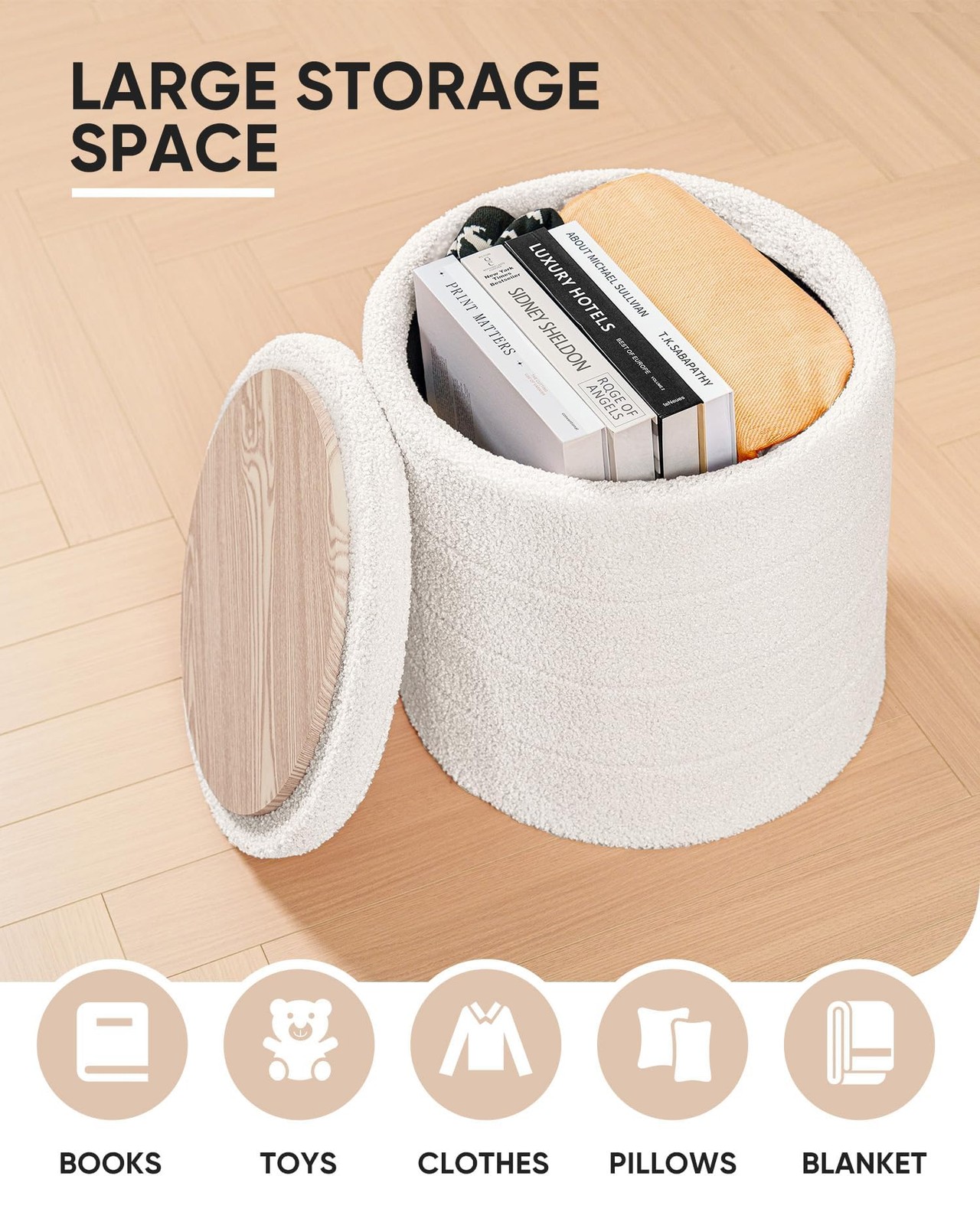 Ottoman with Stroage, Round Sherpa Storage Ottoman Stool, Boucle Foot Rest 16...