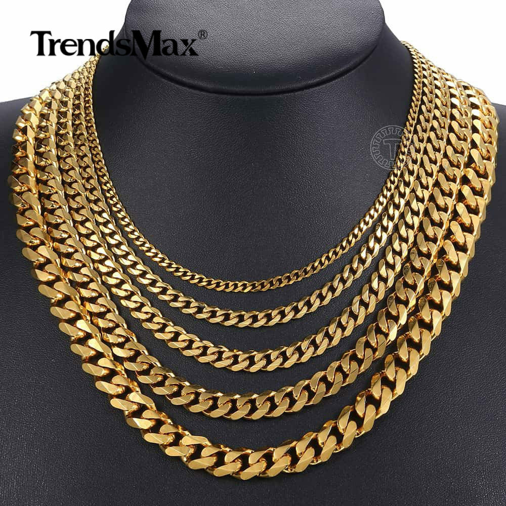 16"-36" Stainless Steel Chain Mens Necklace Gold Plated Curb Cuban 3/5/7/9/11mm