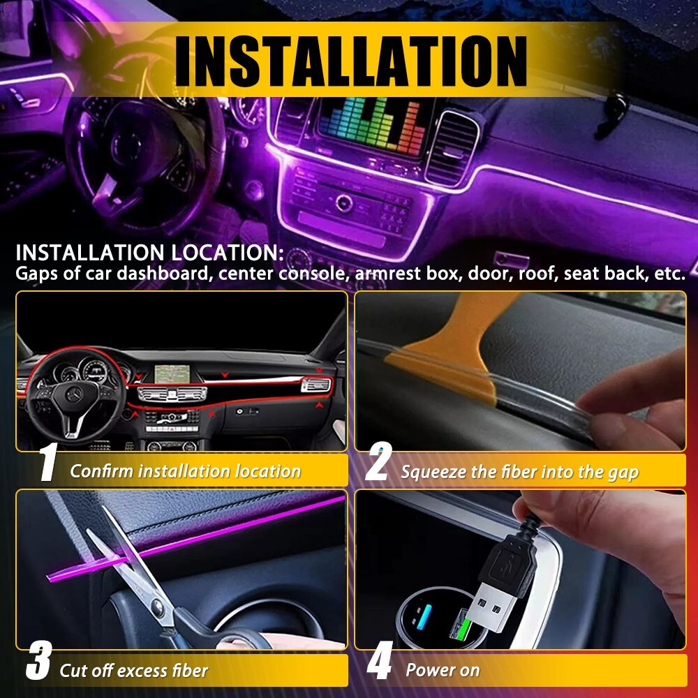 LED Neon Light Trim Glow Optic Fiber Strip Car Interior Ambient Lighting Kit.APP