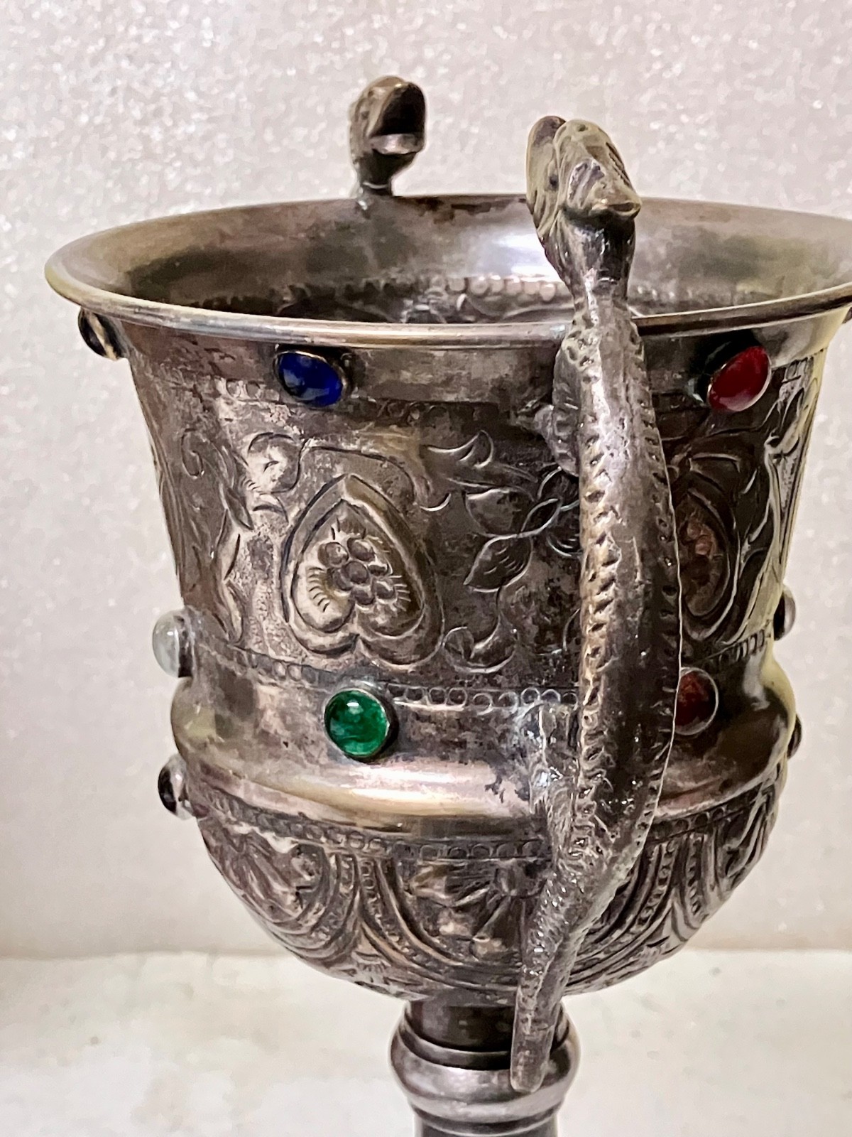 Chalice Carbochons Dragons Pentacle Stars Pentagram Hand Made Silver Plated 13”