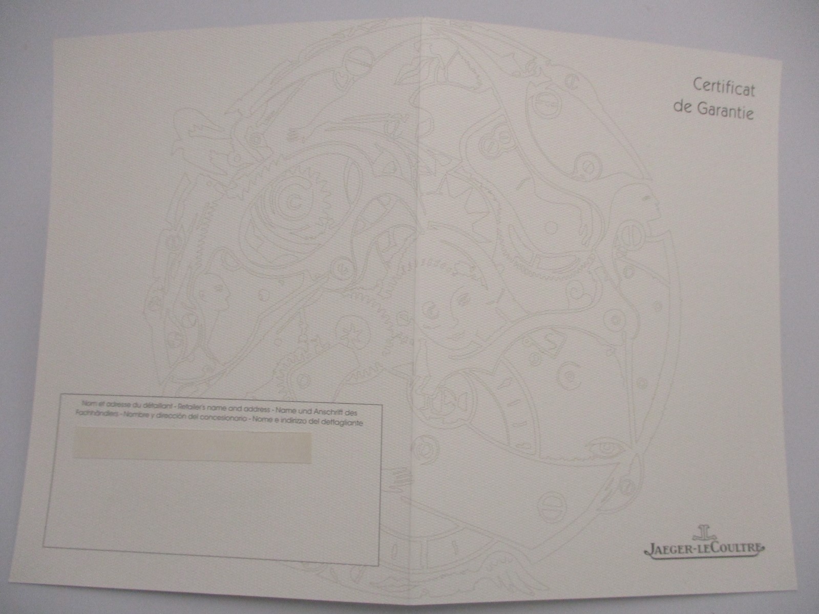 Jaeger LeCoultre Watch Guarantee Certificate Certificat de Garantie Blank Label